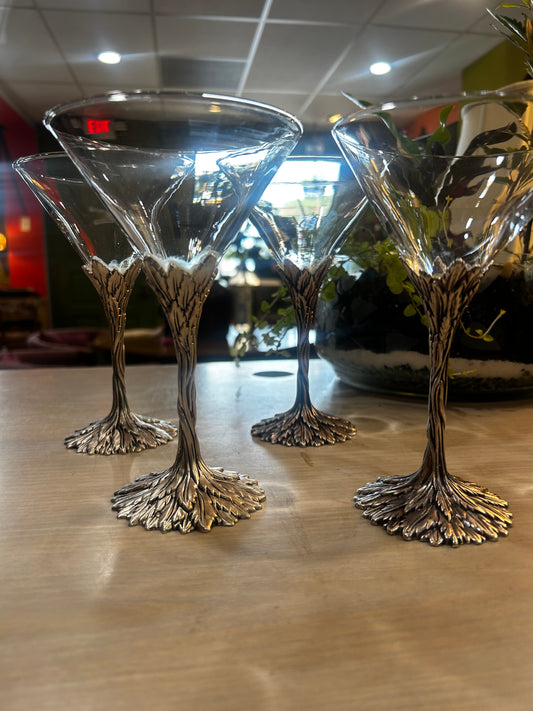 Grey Goose Martini Glasses- Pewter Stems- Set of 4