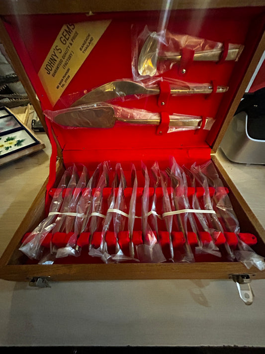 Unopened Gold Plated Dessert Silverware Set- Wooden Case