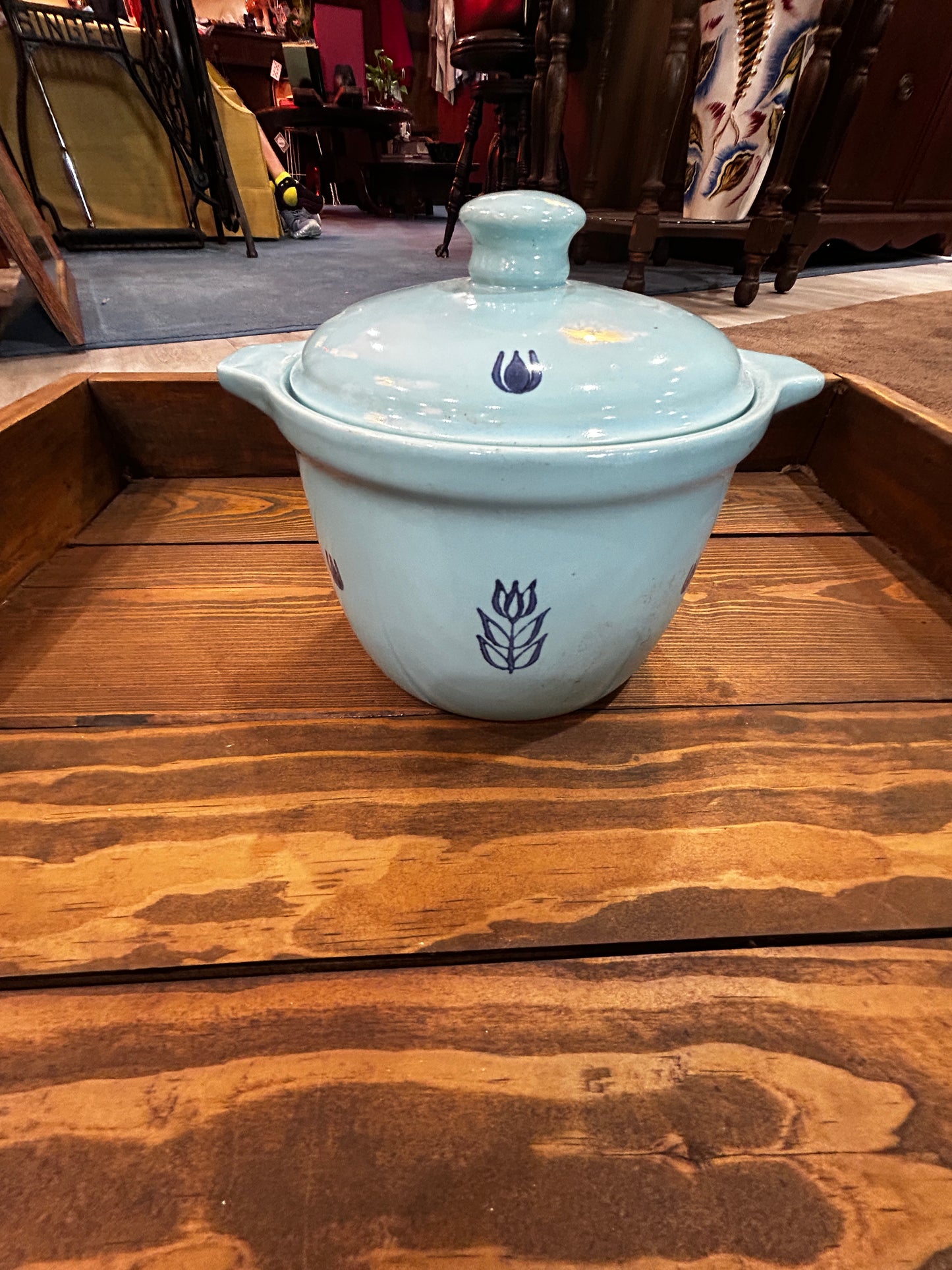 Vintage Cronin Crock/ Bean Pot- Tulip Print Baby Blue