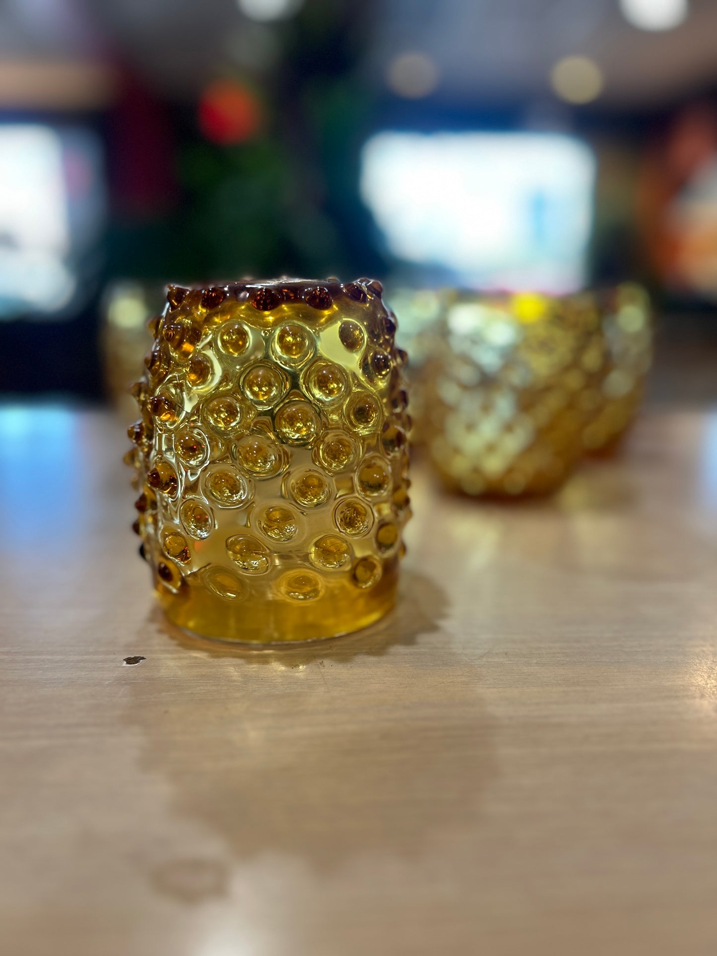 Set of 5 Hand Blown Amber Hobnail Glasses