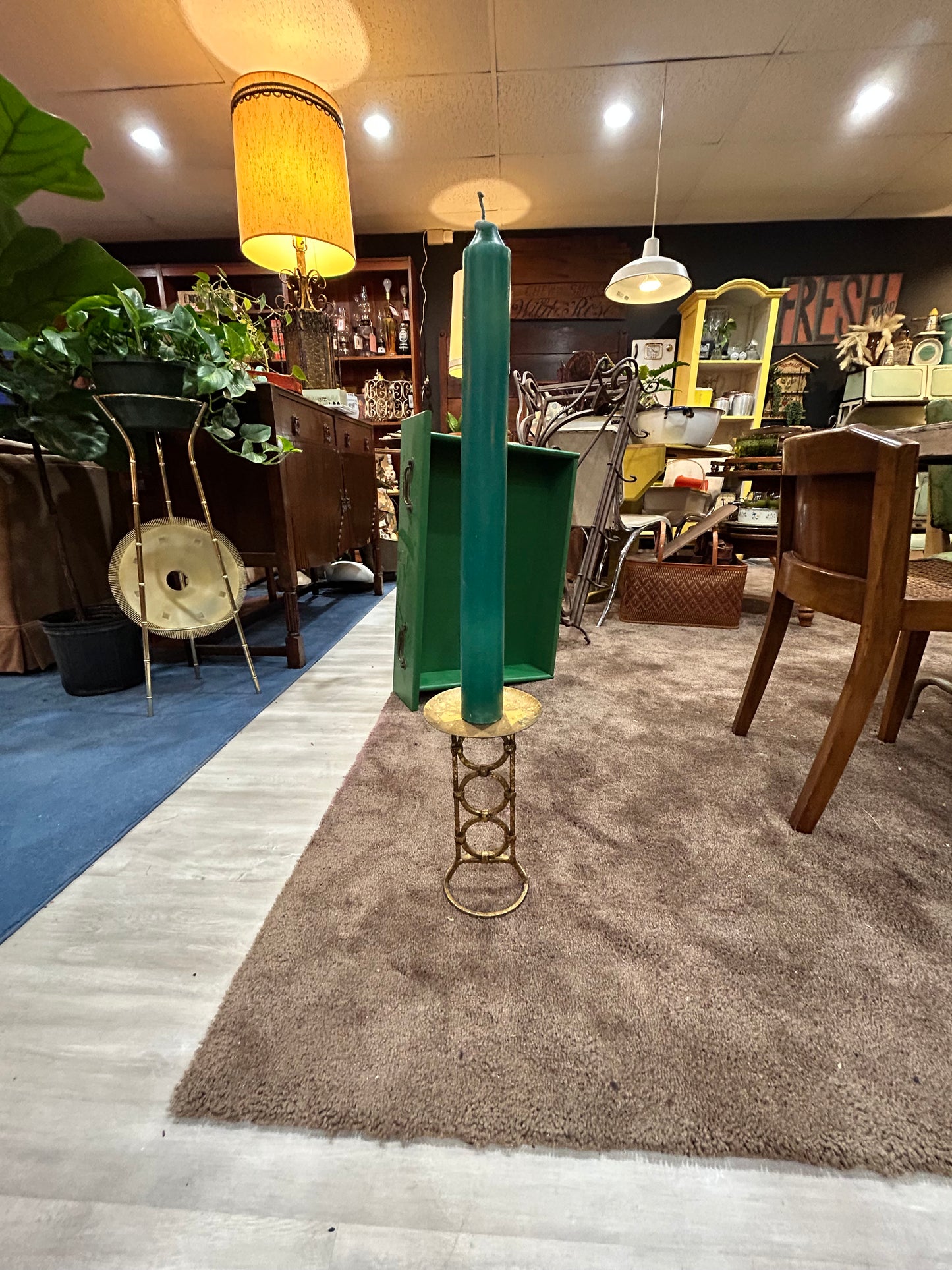 Vintage Gold Circle Candle Holder with Large Green Candle