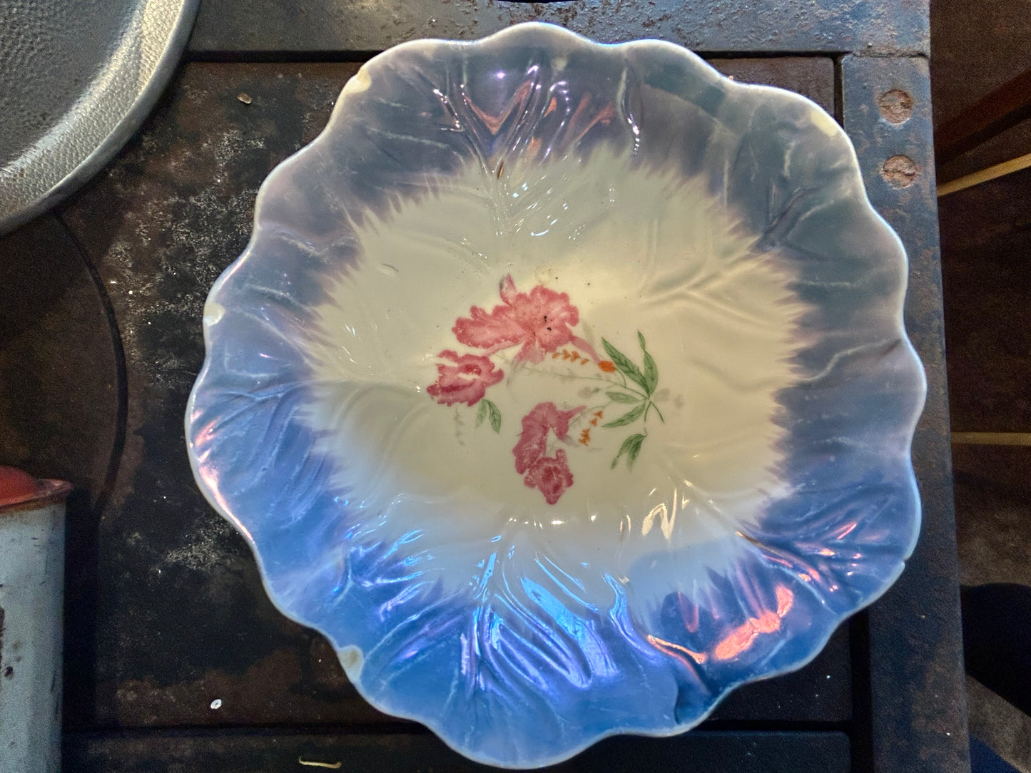Vintage Hand Painted Pink Iris Bowl- Lusterware Porcelain- Japan