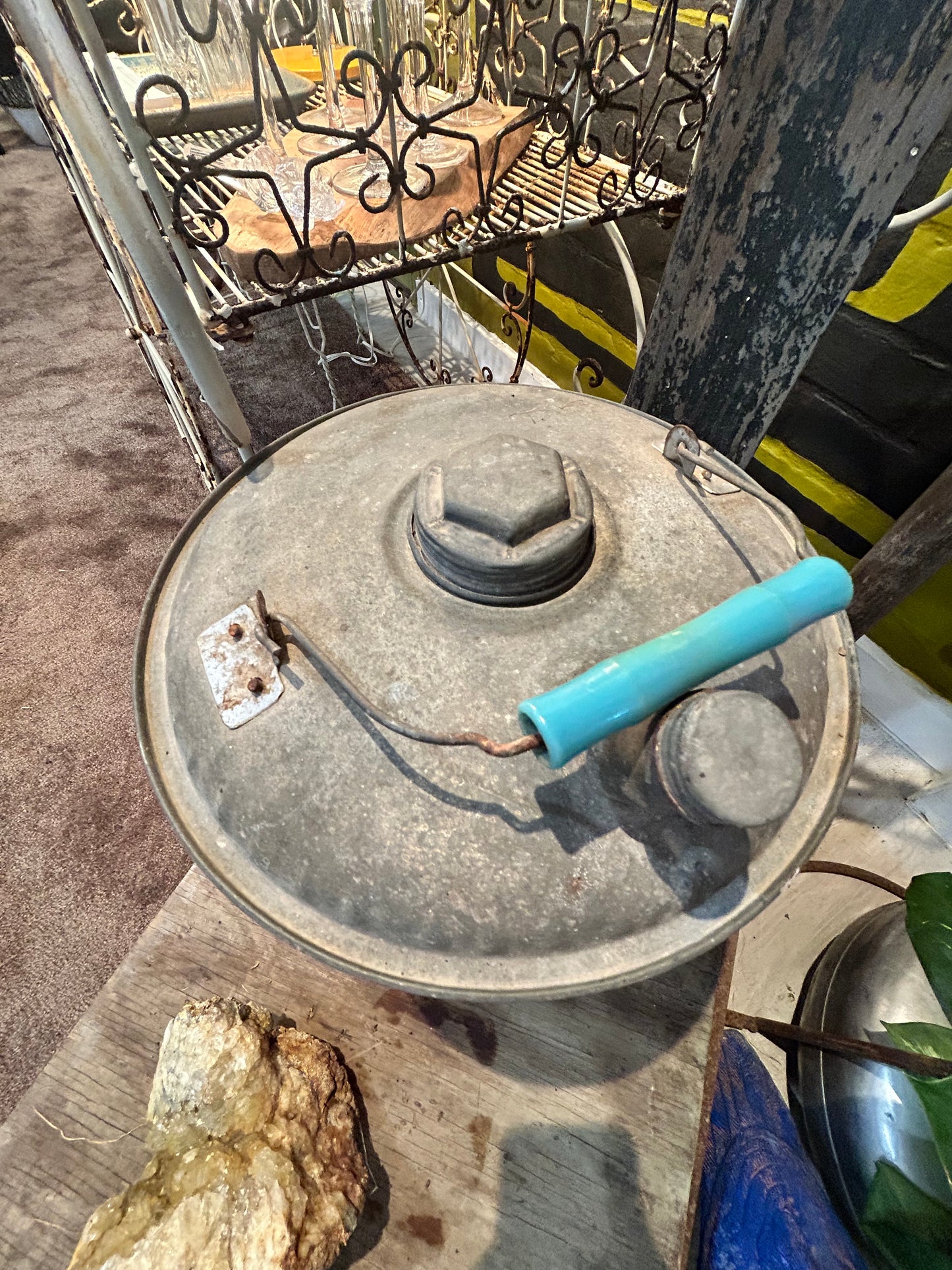 Vintage Galvanized Gas Can- Patina Red Metal- Blue Handle