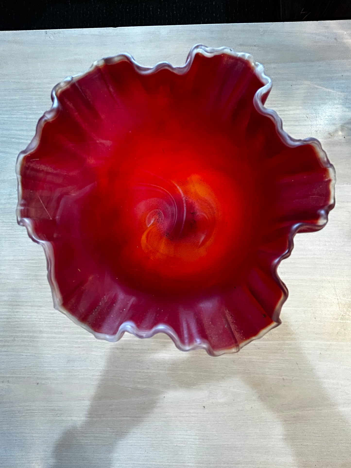 Vintage Red Flame Imperial Slag Glass Pedestal Bowl