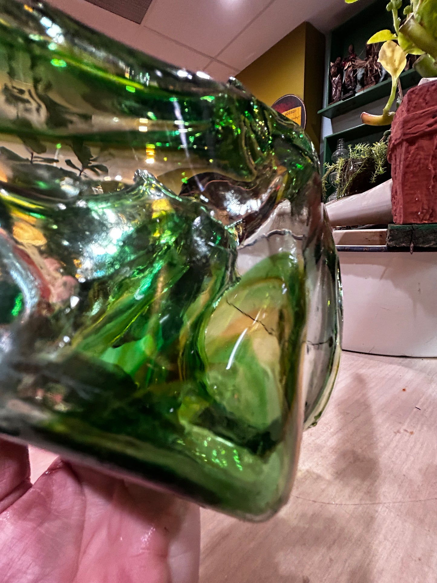 MCM Hand Blown Glass Swan-Green and Amber Swirl