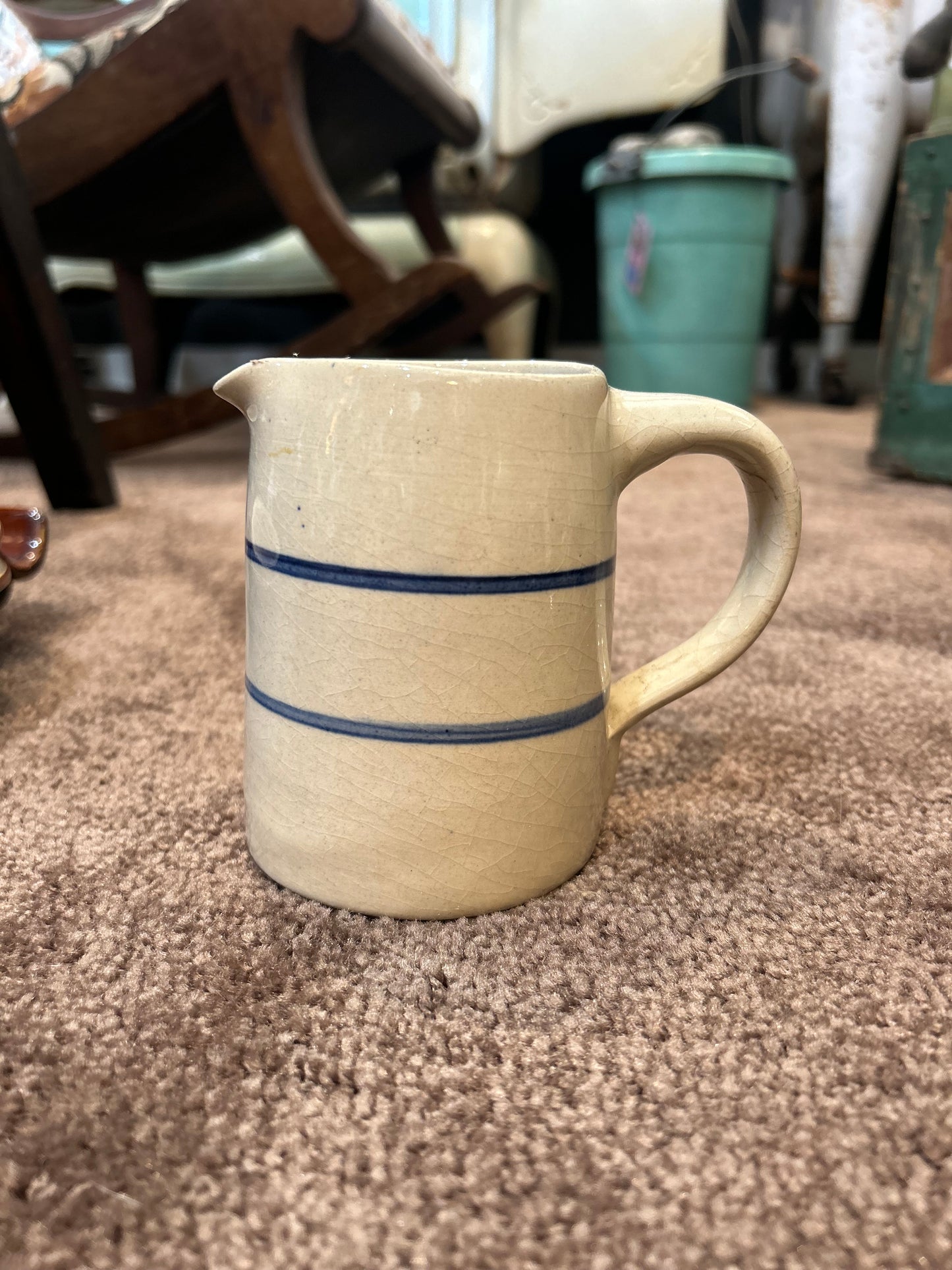 Small Marshall Pottery Crock Pitcher- Double Blue Stripes