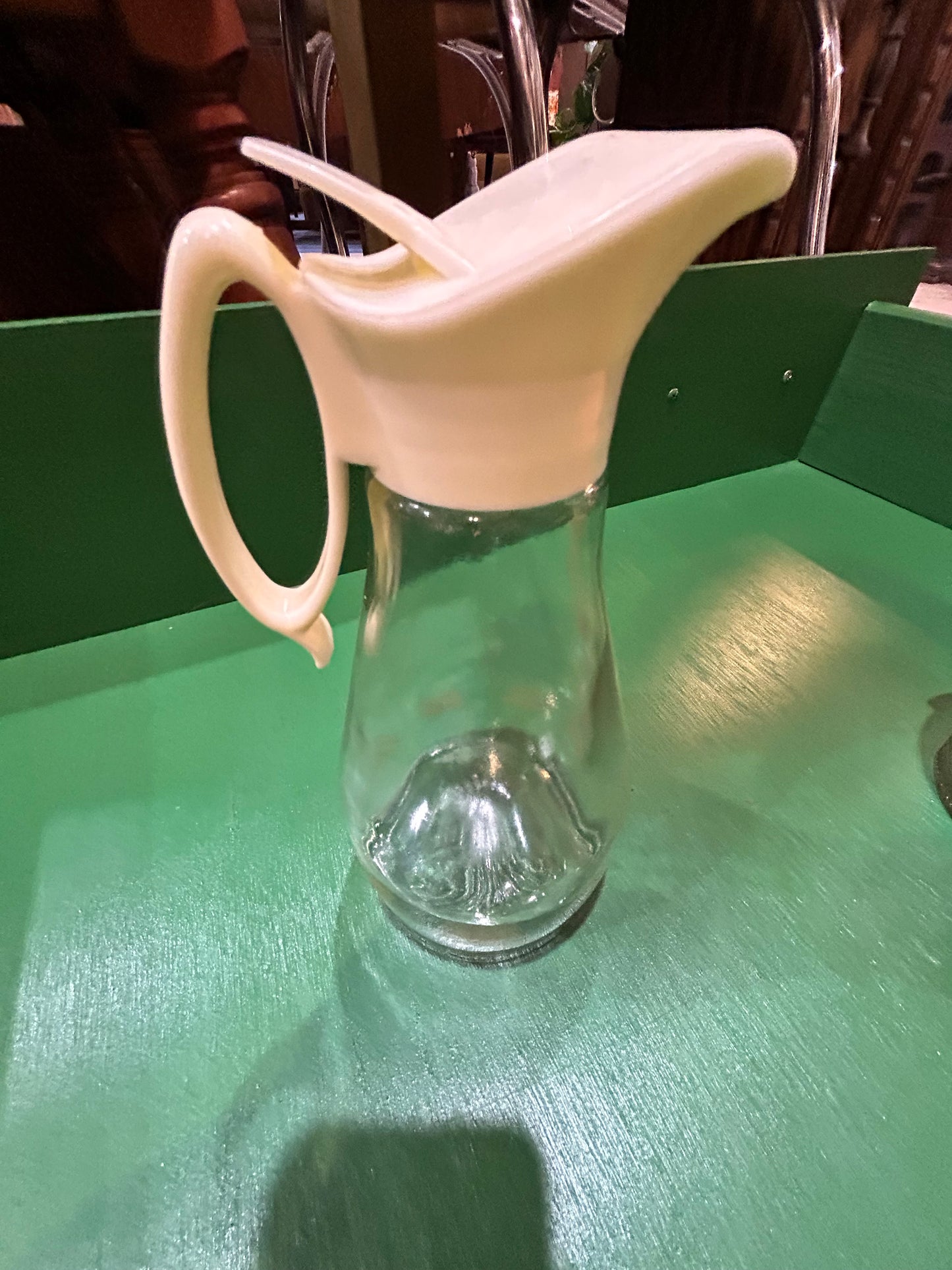 Vintage Log Cabin Glass Syrup Pitcher- Retro Handle