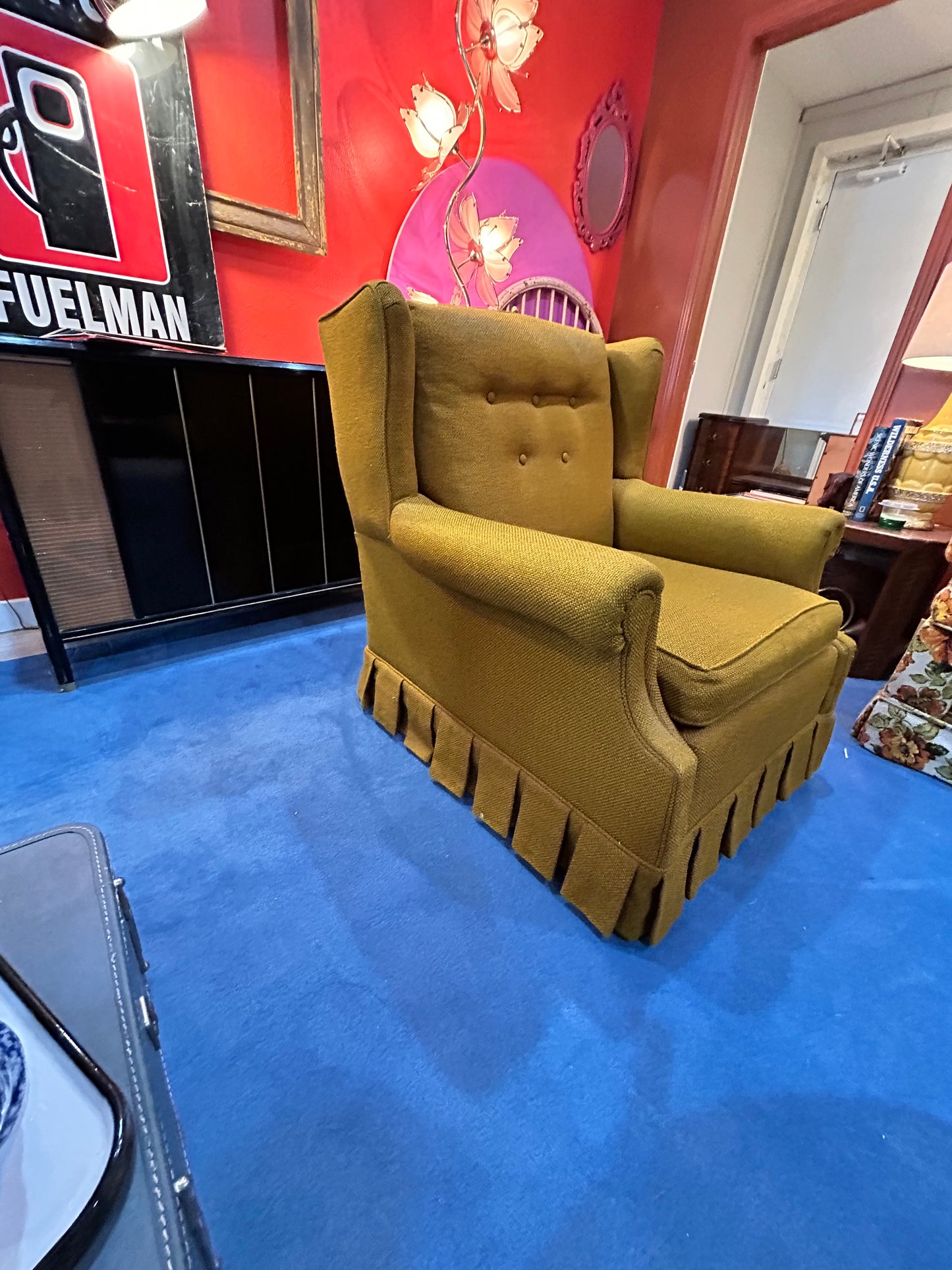 Vintage Chartreuse Felt Wingback Chair