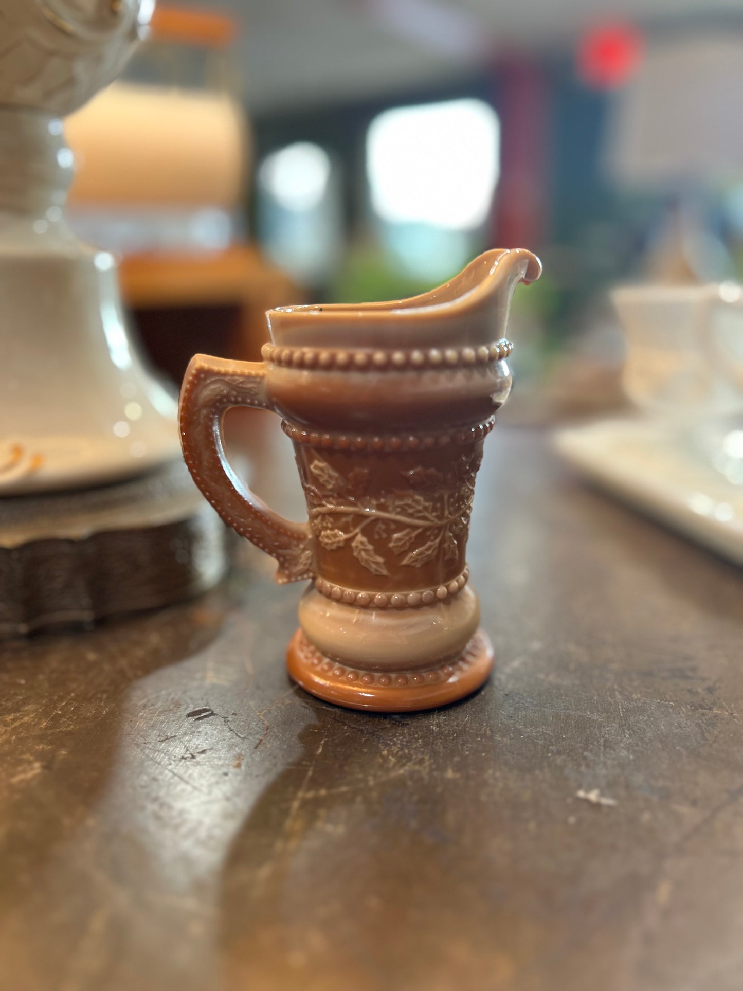 Summit Vintage Chocolate Caramel Slag Glass Creamer Pitcher Holly Berry Pattern