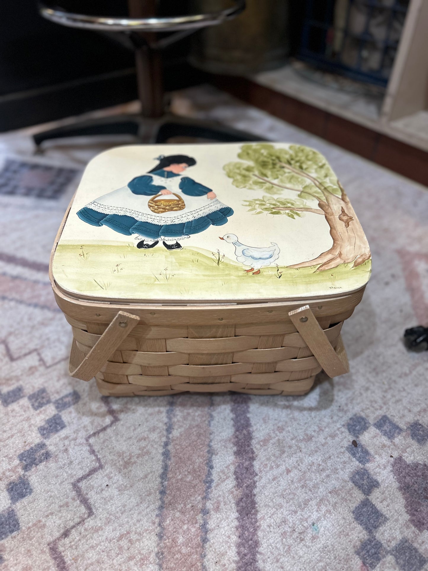 Hand Painted Blue Dress Blue Goose Picnic Basket