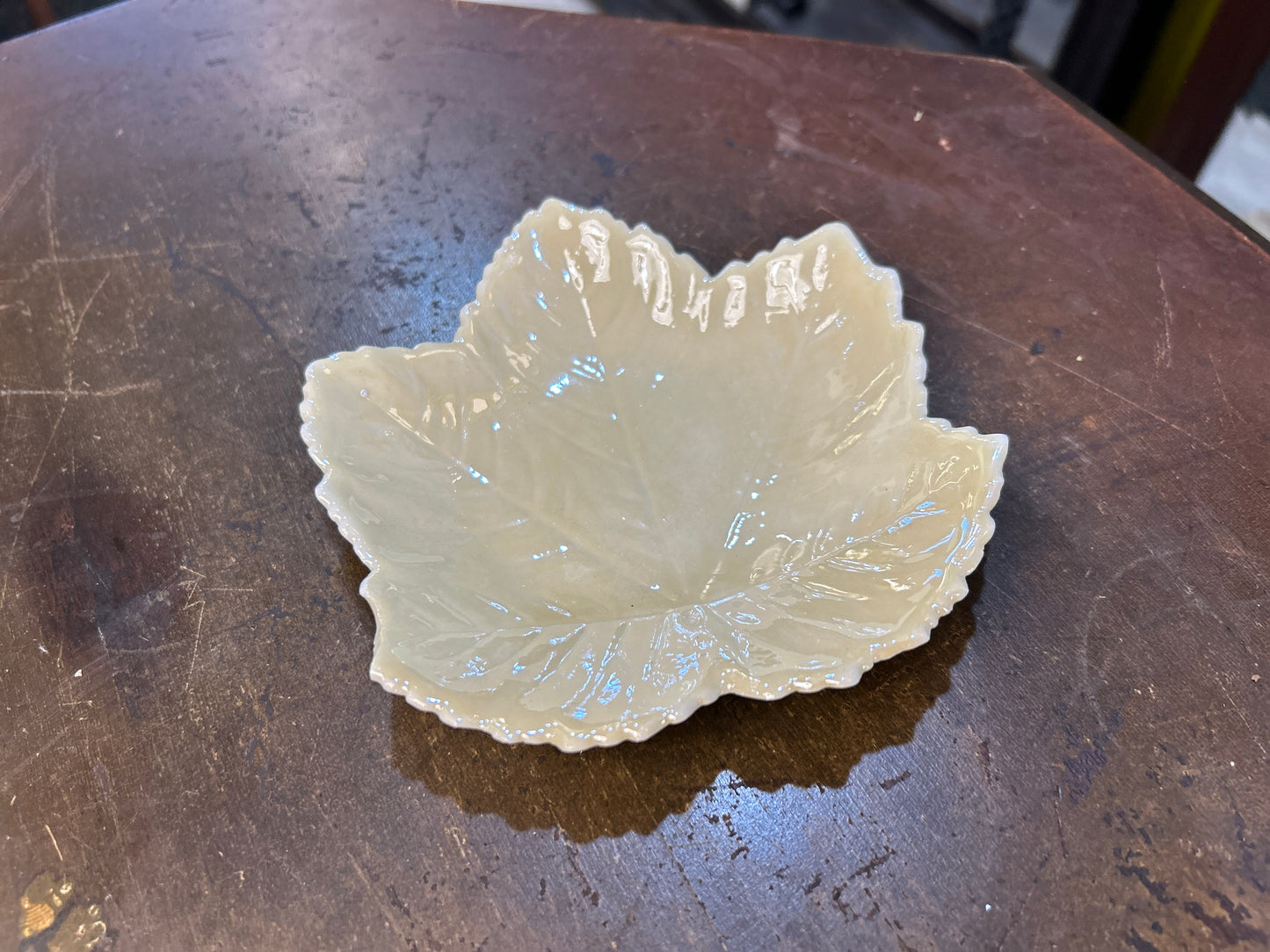 Vintage Belleek Ireland Yellow Luster Leaf Dish 6th Mark Green ~ 1965