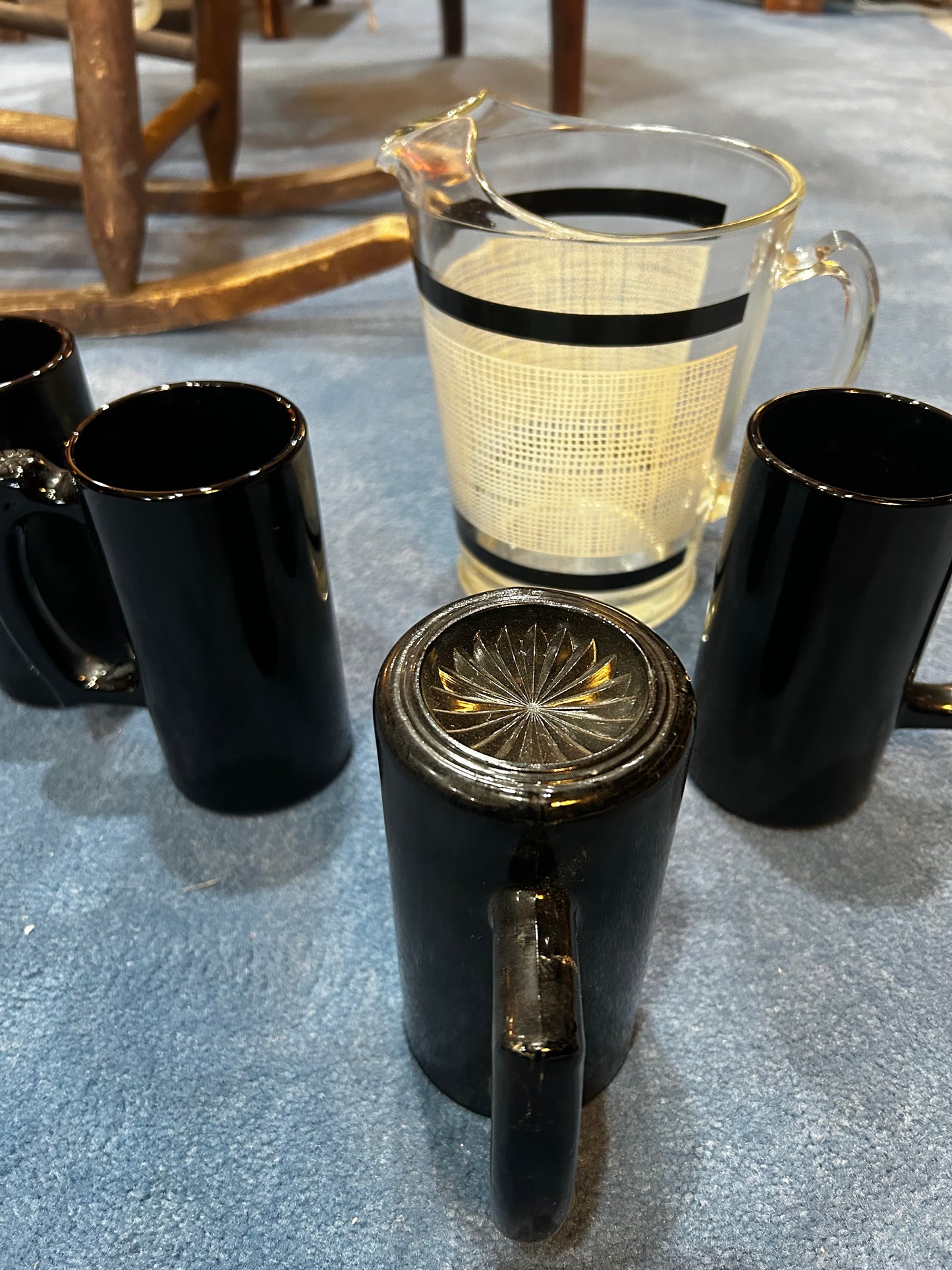 Painted Glass Juice Pitcher with 4 Onyx Beer Stein- Set of 5