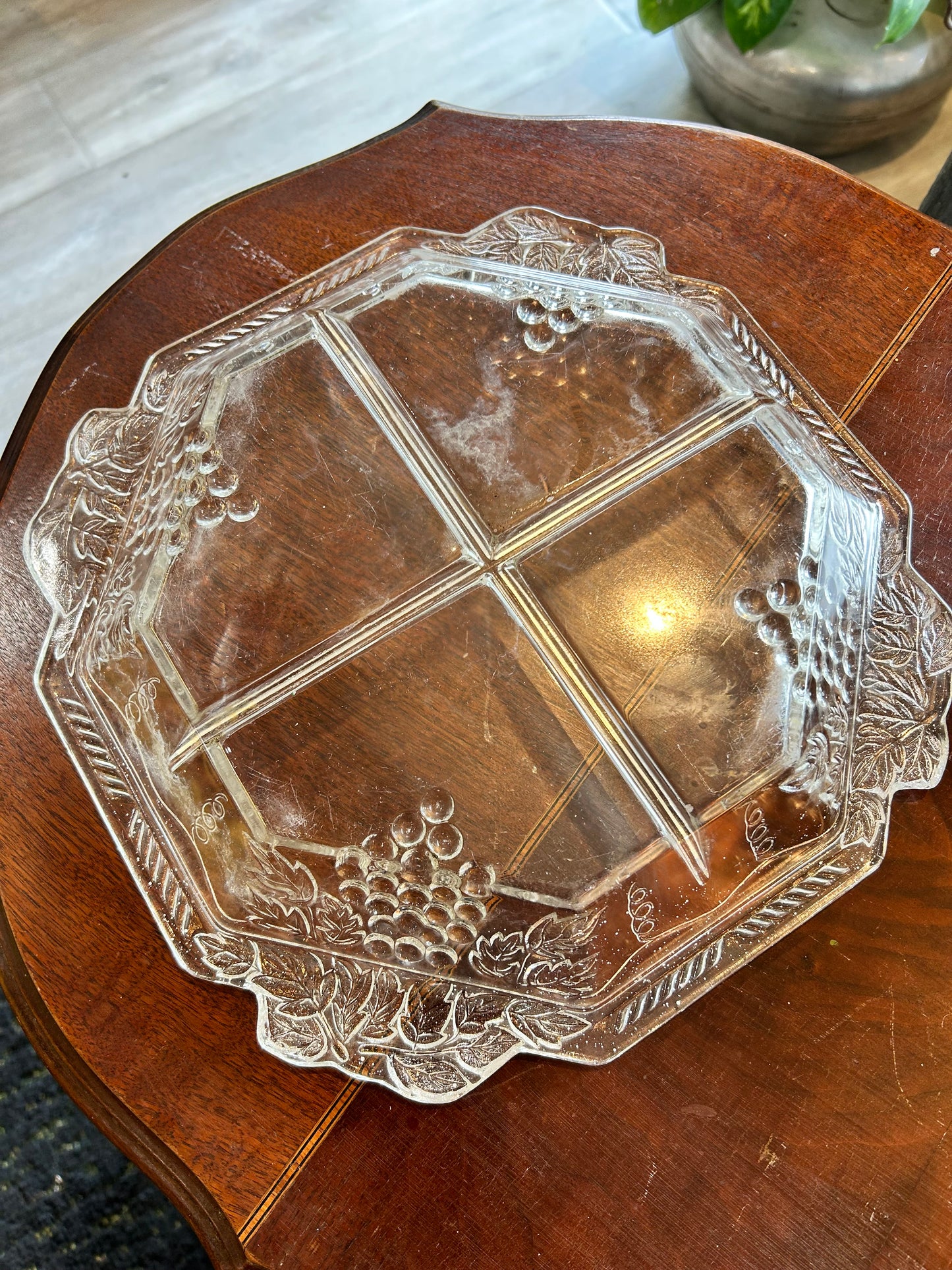 Vintage Jeannette Glass Divided Platter- Grape Design