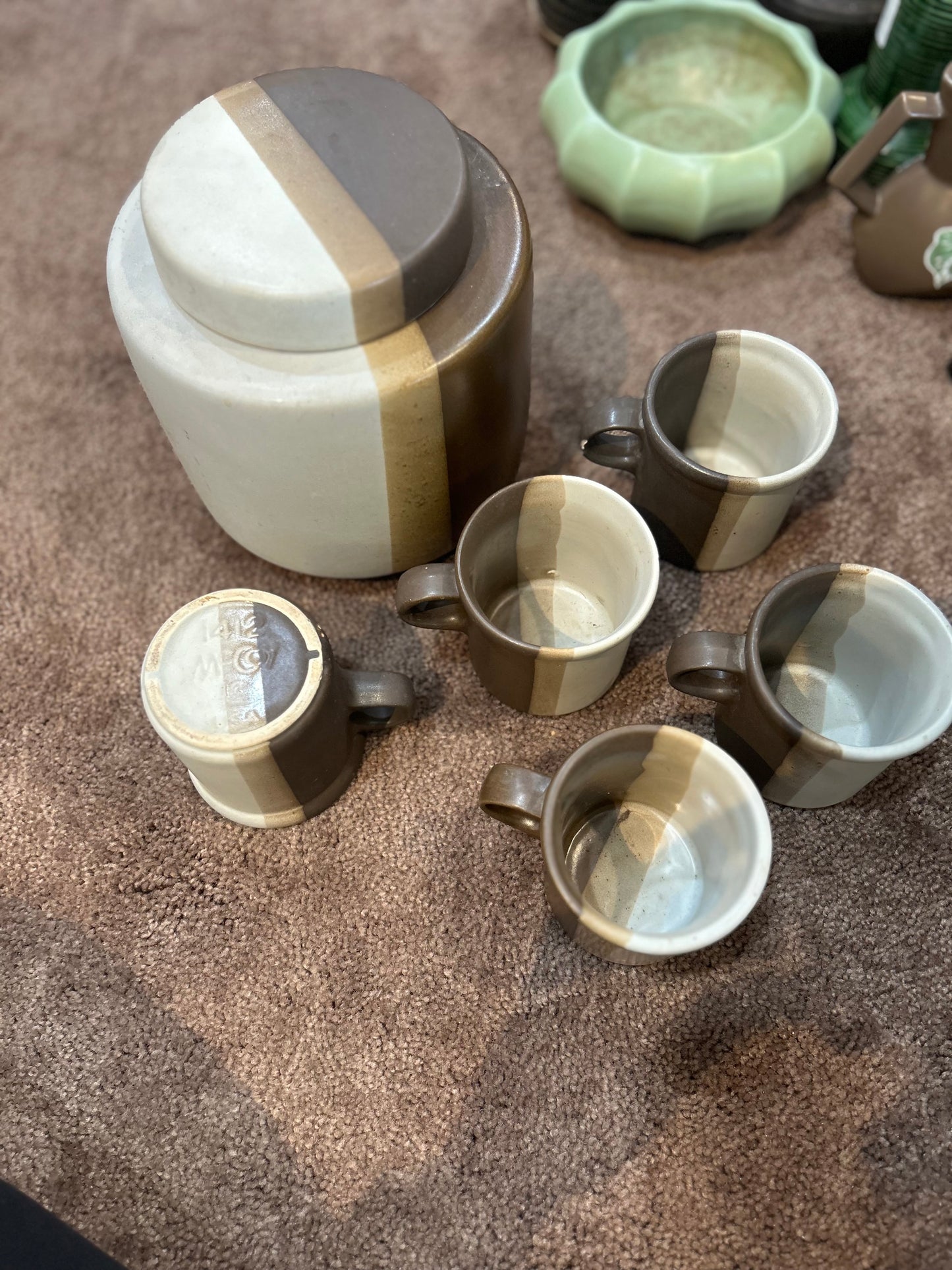 Vintage McCoy Sandstone Canister and 5 Sandstone Mugs- Set of 6
