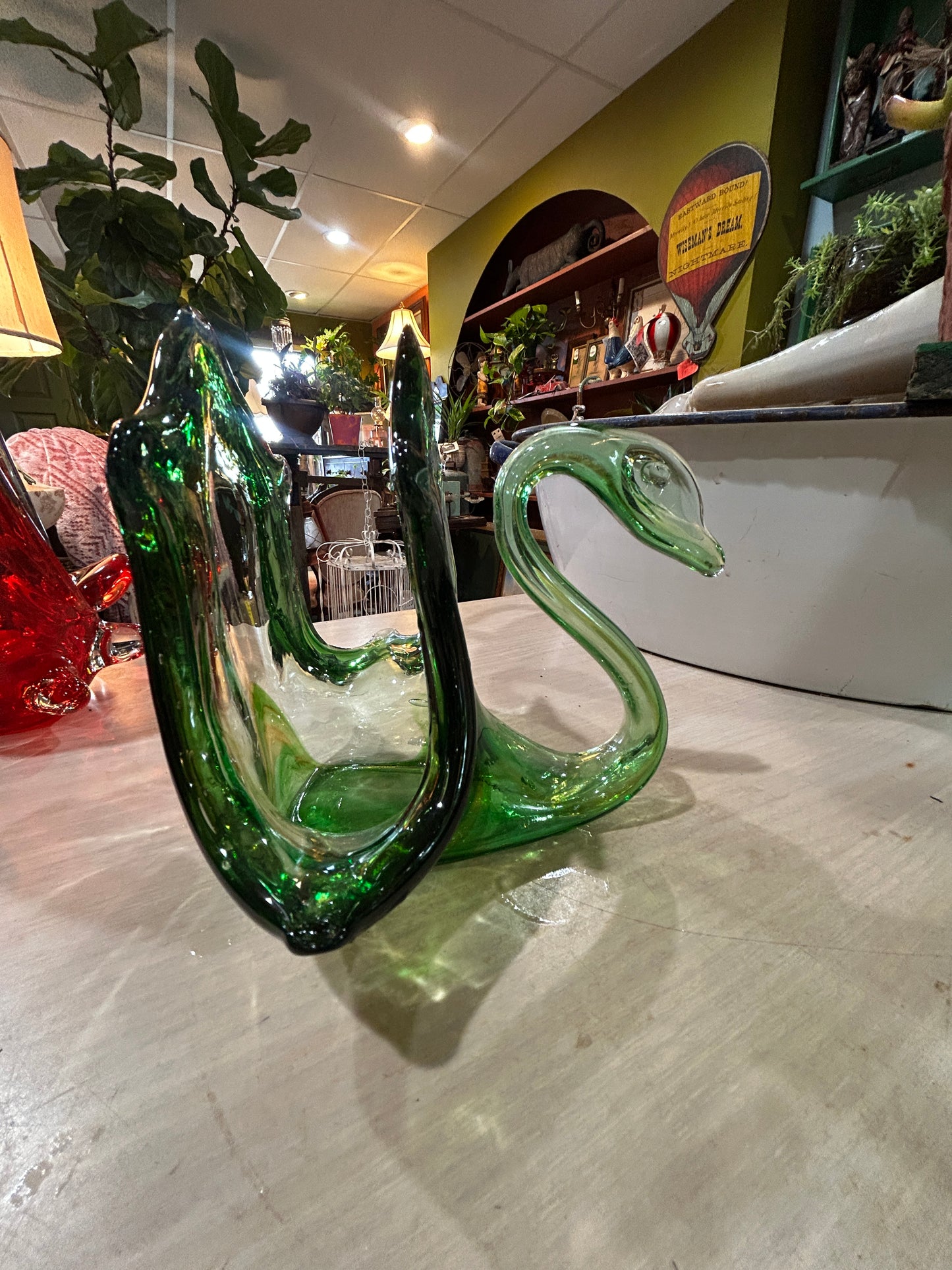 MCM Hand Blown Glass Swan-Green and Amber Swirl