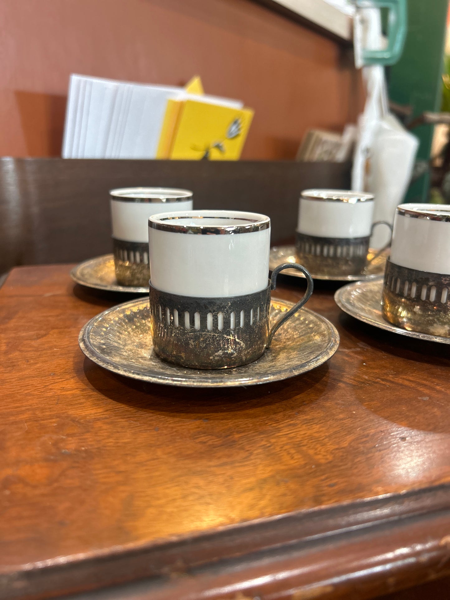 4 Porcelaana Veracruz Espresso Cups - Silver Holders and Saucers