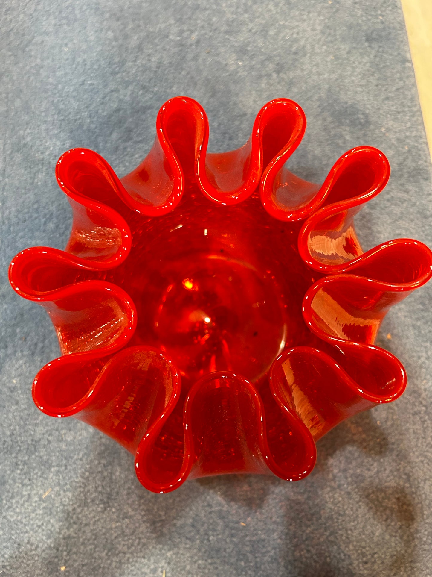 Amberina Crackle Glass Vase- Crimped Rim- Hand Blown