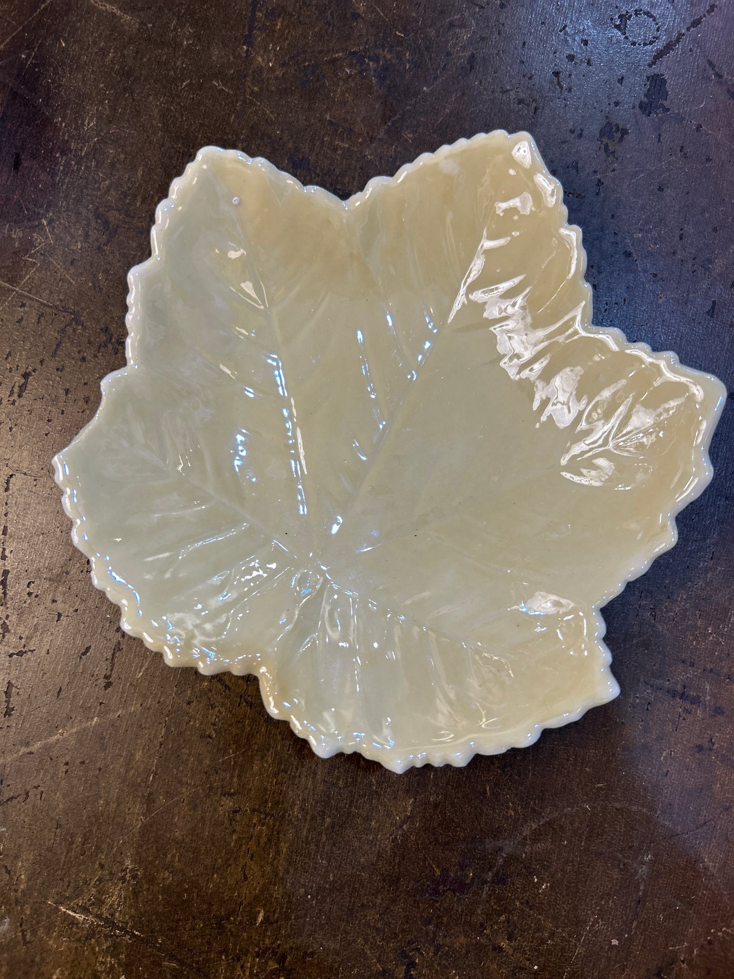 Vintage Belleek Ireland Yellow Luster Leaf Dish 6th Mark Green ~ 1965