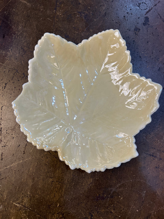 Vintage Belleek Ireland Yellow Luster Leaf Dish 6th Mark Green ~ 1965