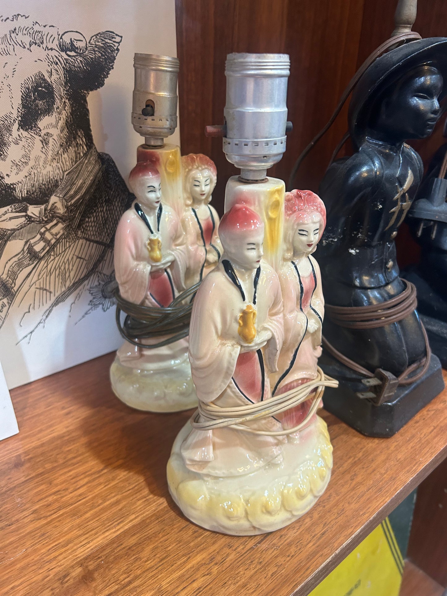 MCM Asian Shawnee Pottery Lamps Set of 2