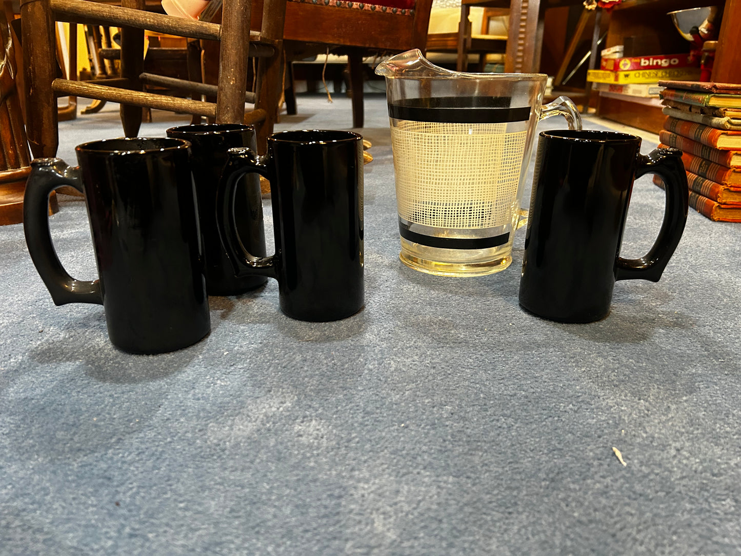 Painted Glass Juice Pitcher with 4 Onyx Beer Stein- Set of 5