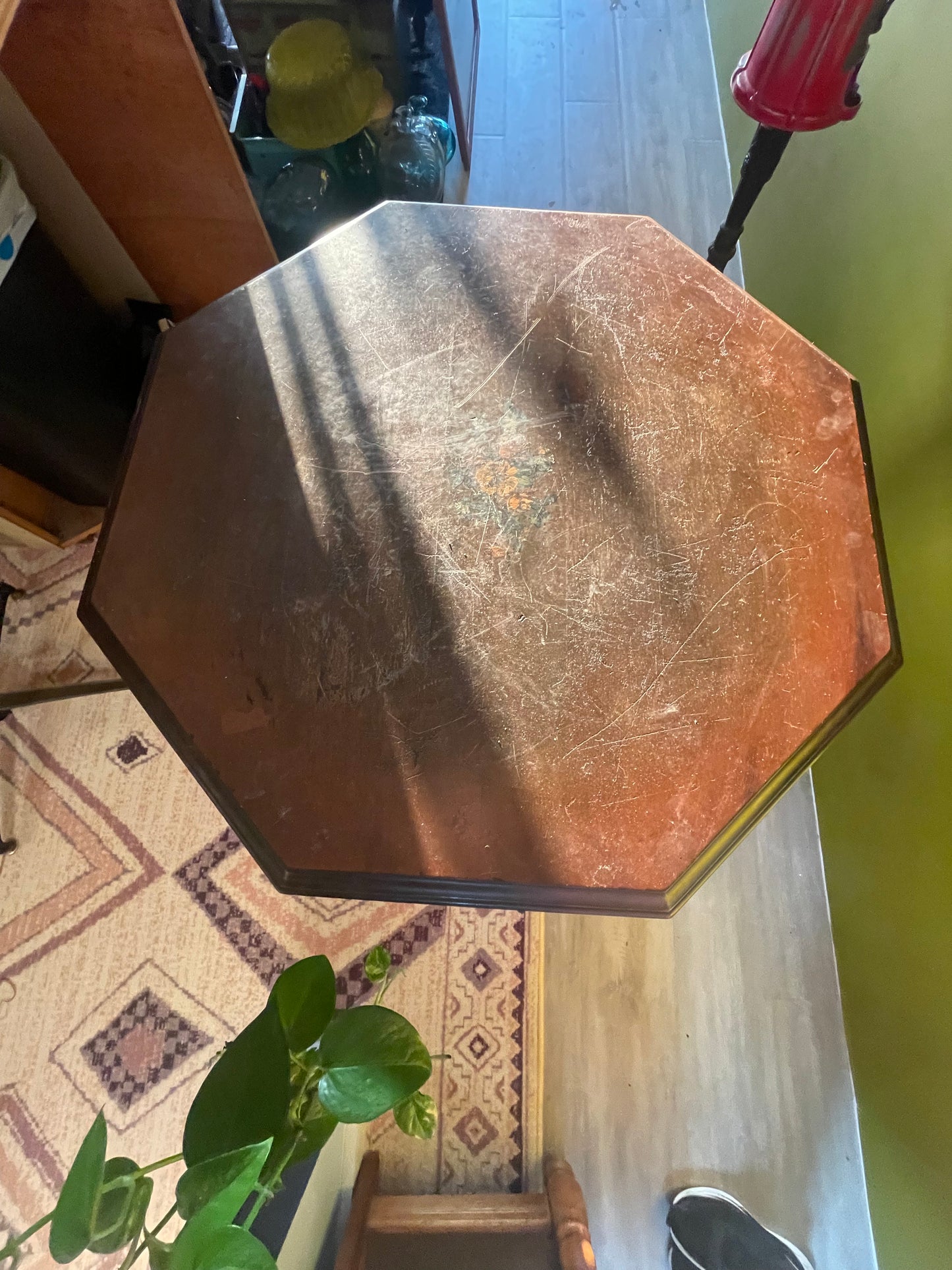 Antique Wooden Octagon Table- Imprinted and Original Glass