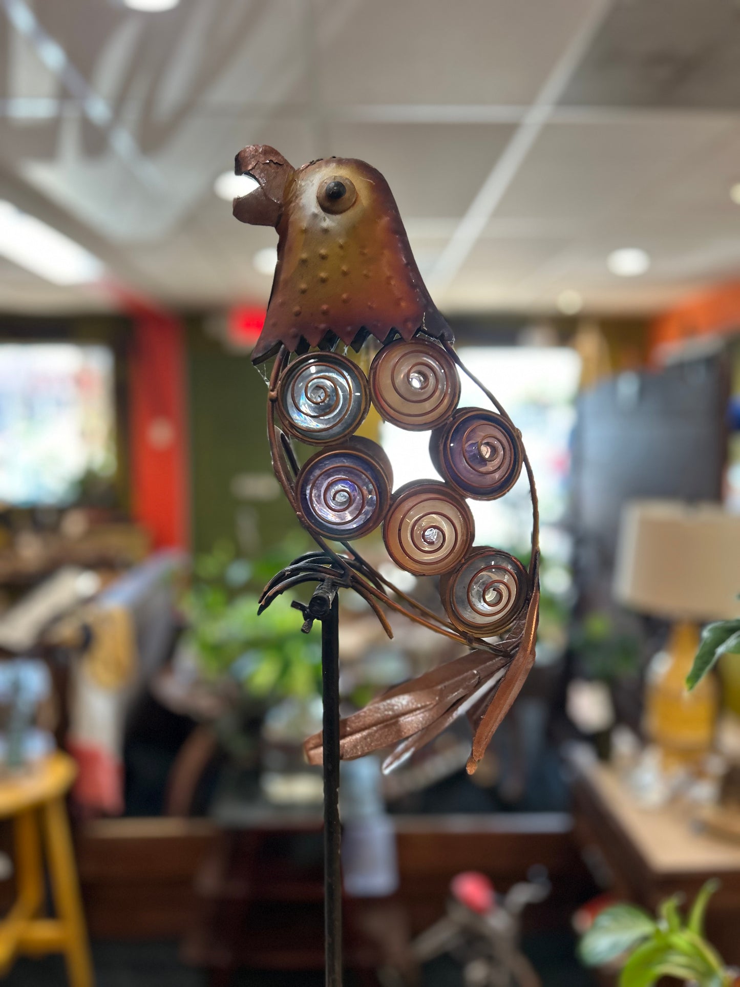 Art Deco Yard Parrot- Metal and Colorful Glass