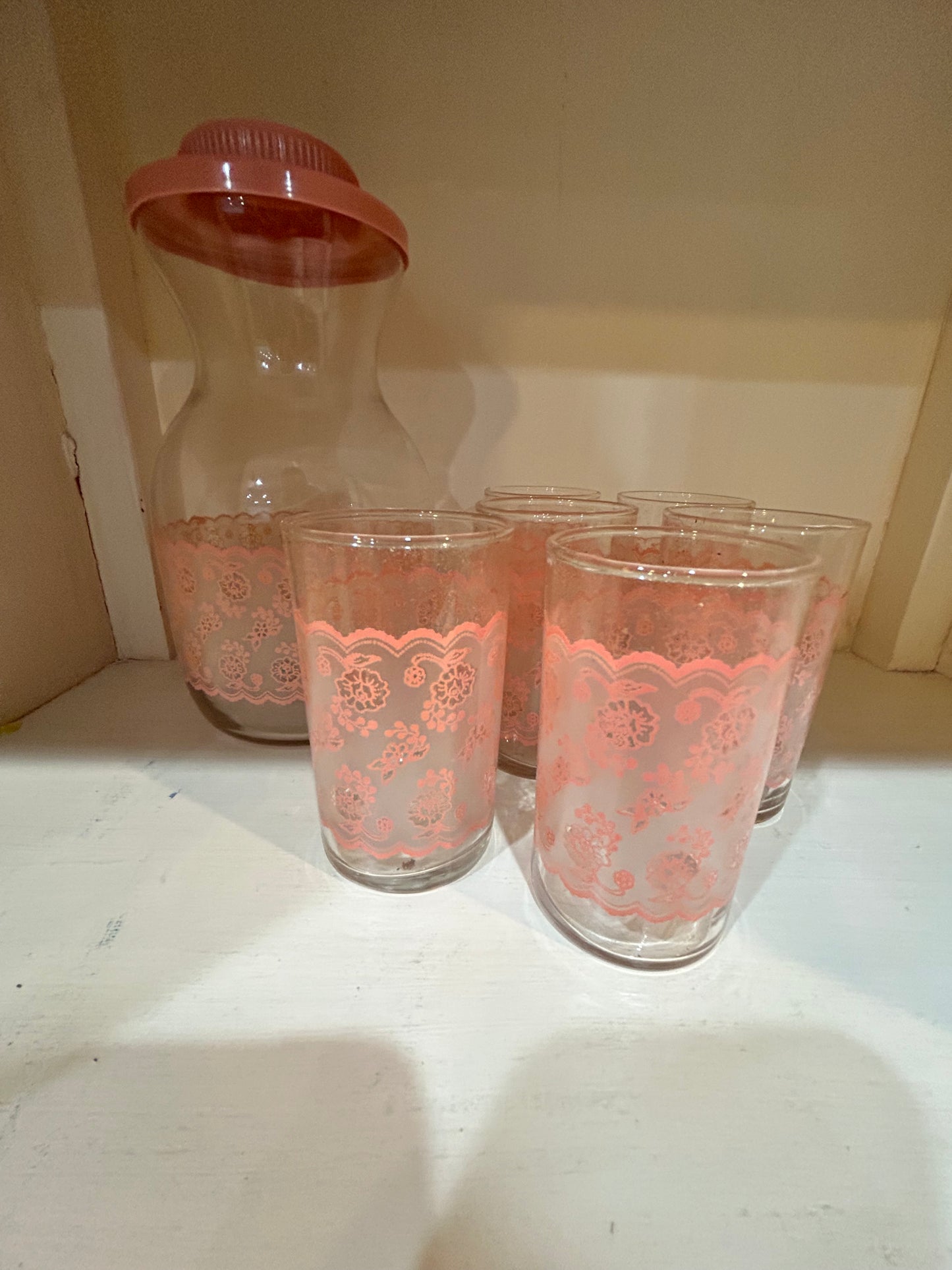 Vintage Tiara Pink Lace Juice Carafe with 6 Juice Glasses