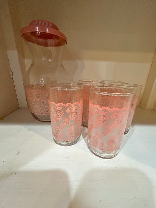Vintage Tiara Pink Lace Juice Carafe with 6 Juice Glasses