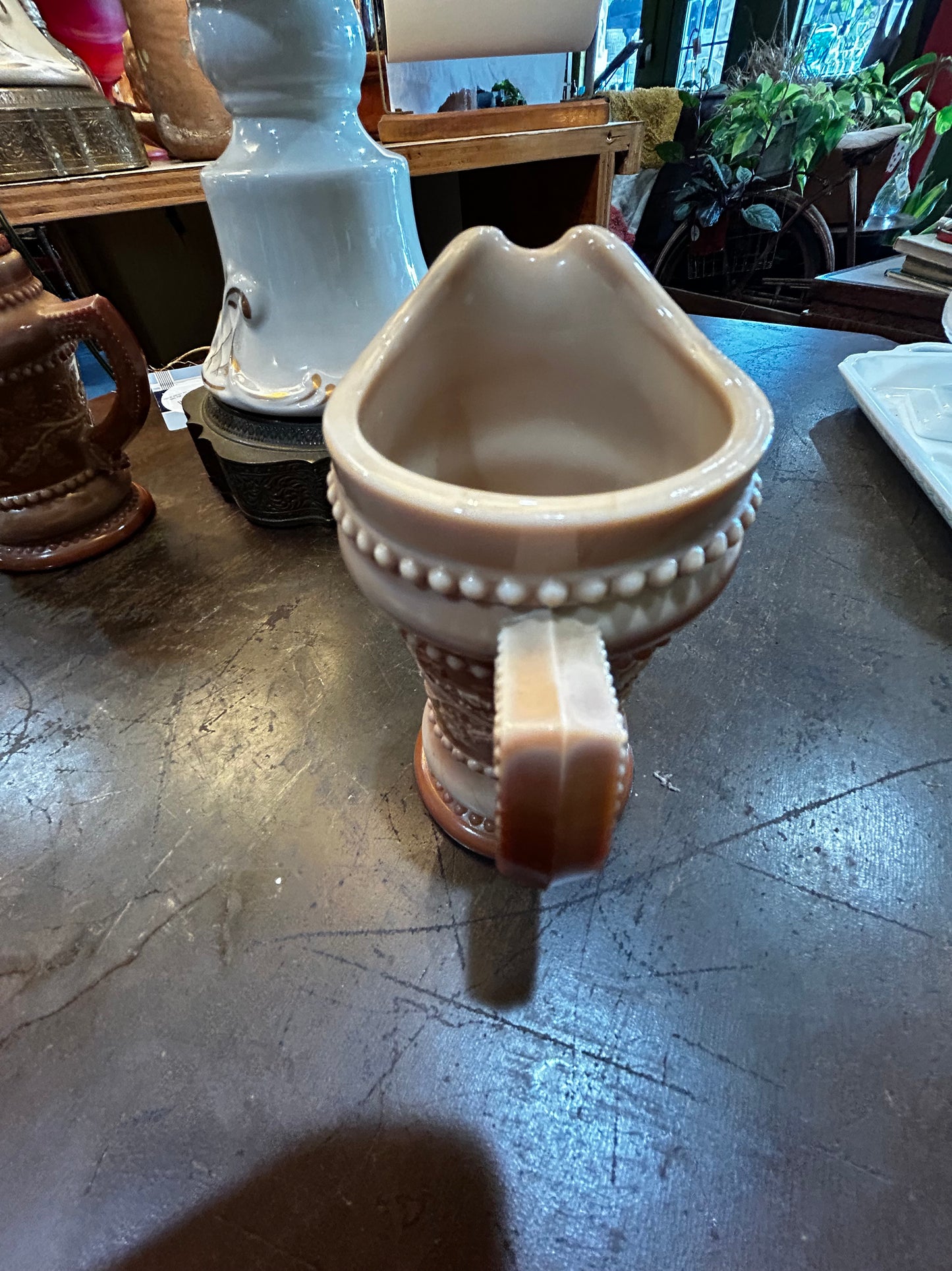 Summit Vintage Chocolate Caramel Slag Glass Creamer Pitcher Holly Berry Pattern