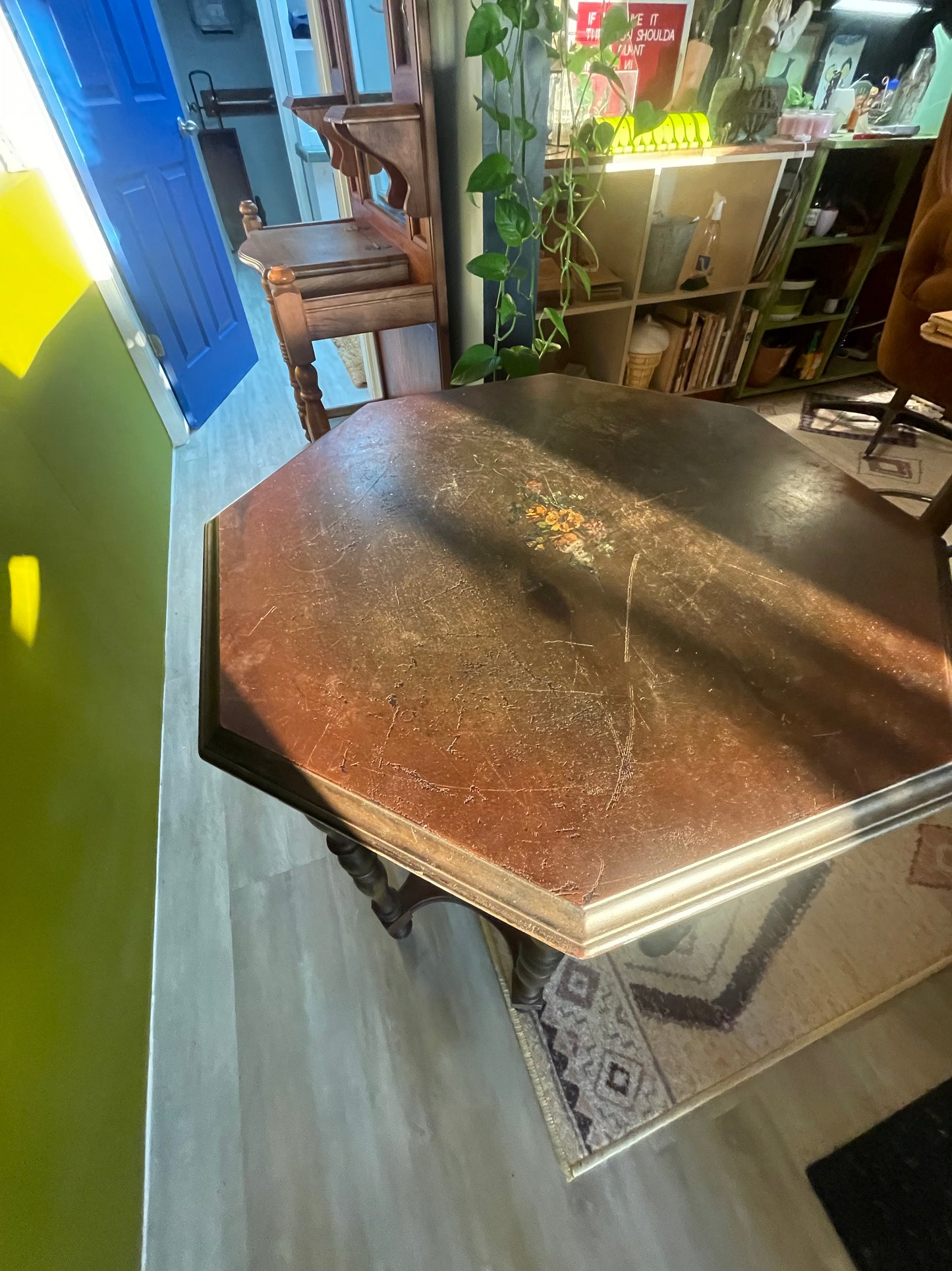 Antique Wooden Octagon Table- Imprinted and Original Glass