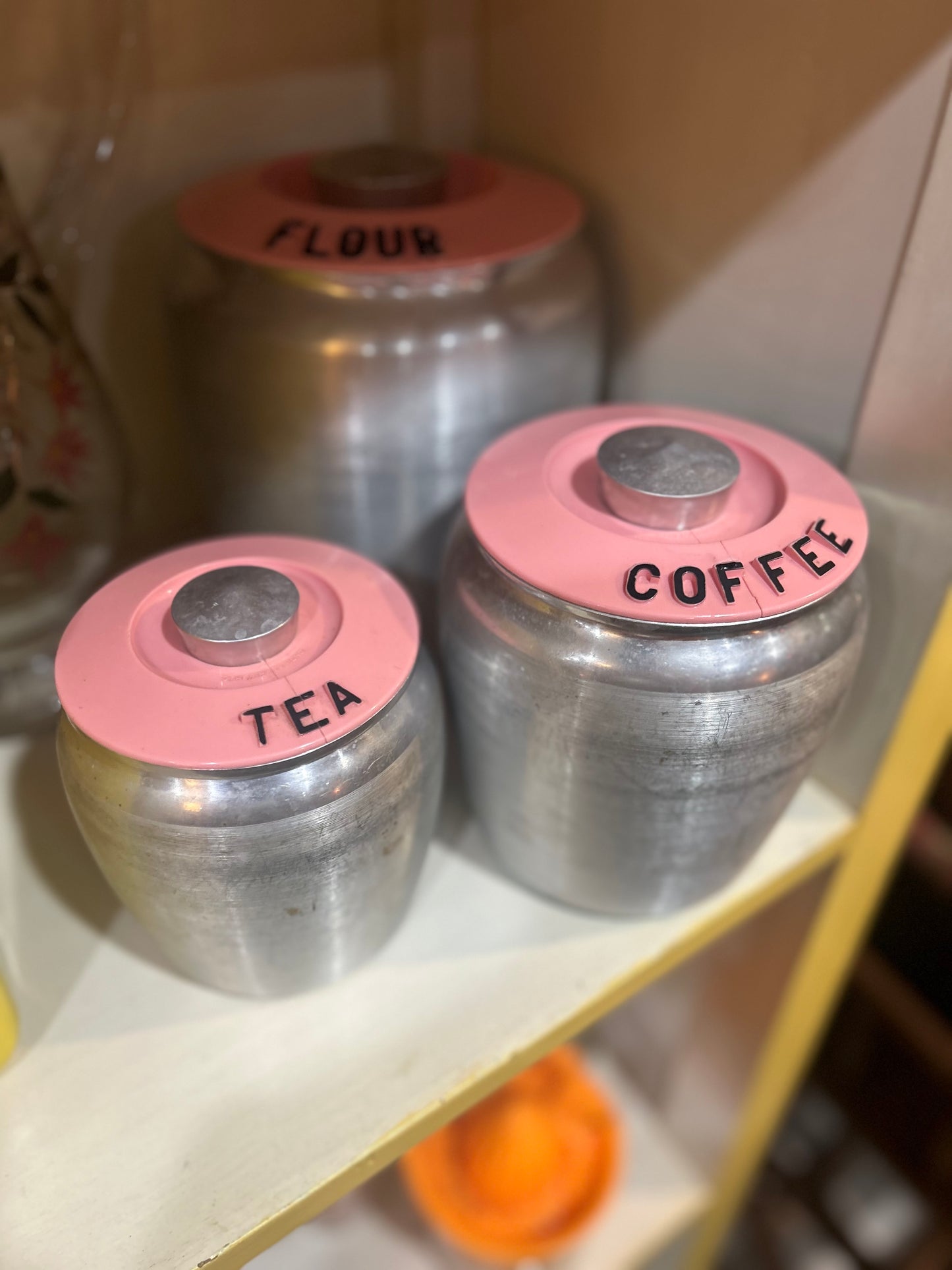 Vintage Rare Pink Kromex Brushed Aluminum Kitchen Canister- Set of 4