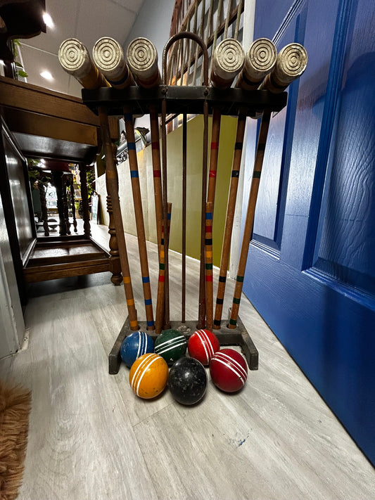 Vintage Sportcraft Croquet Set- Wooden Tools Plastic Carrier