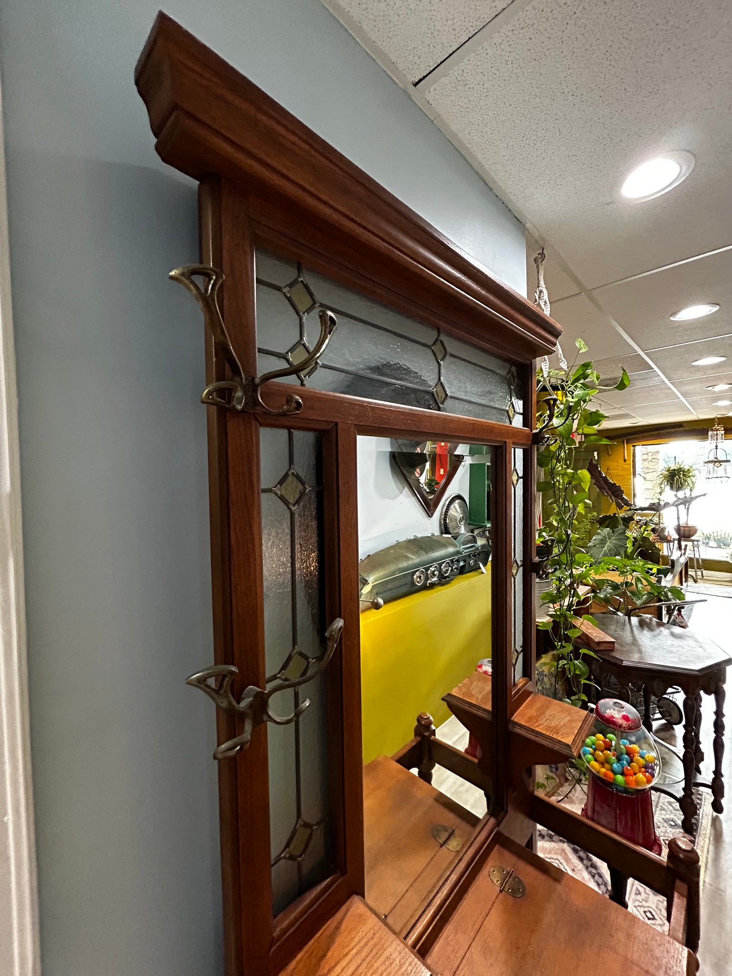 Vintage Oak Hall Tree- Stained Glass Trim and Mirror