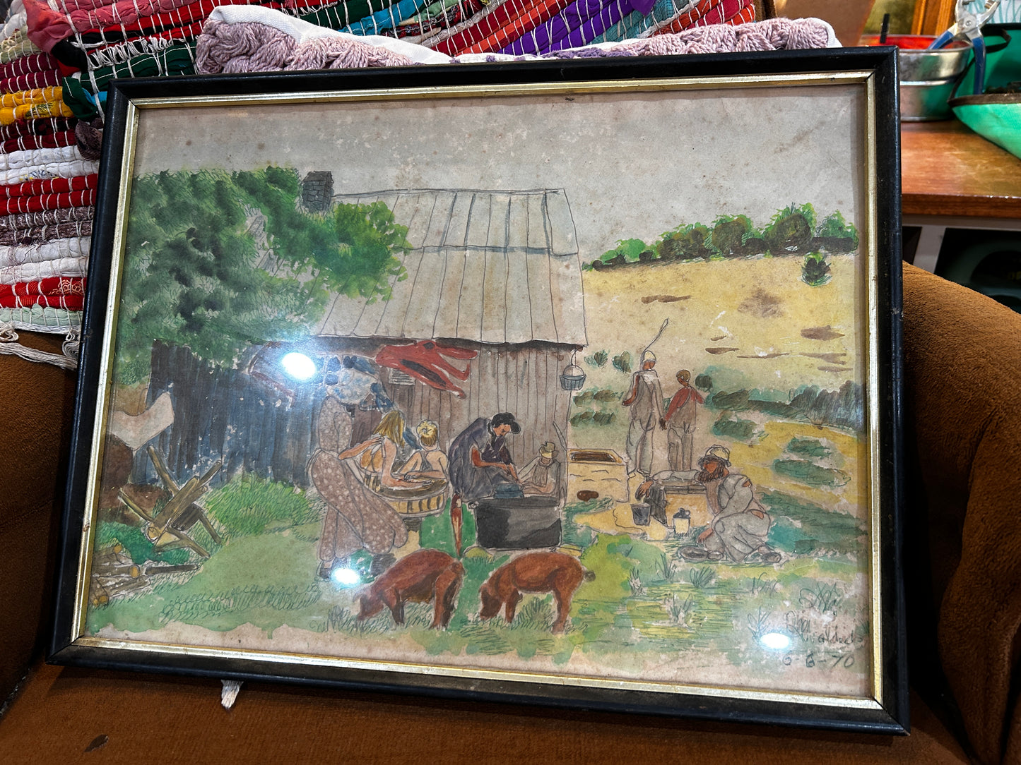 Framed Primitive Water Color- Signed/Dated