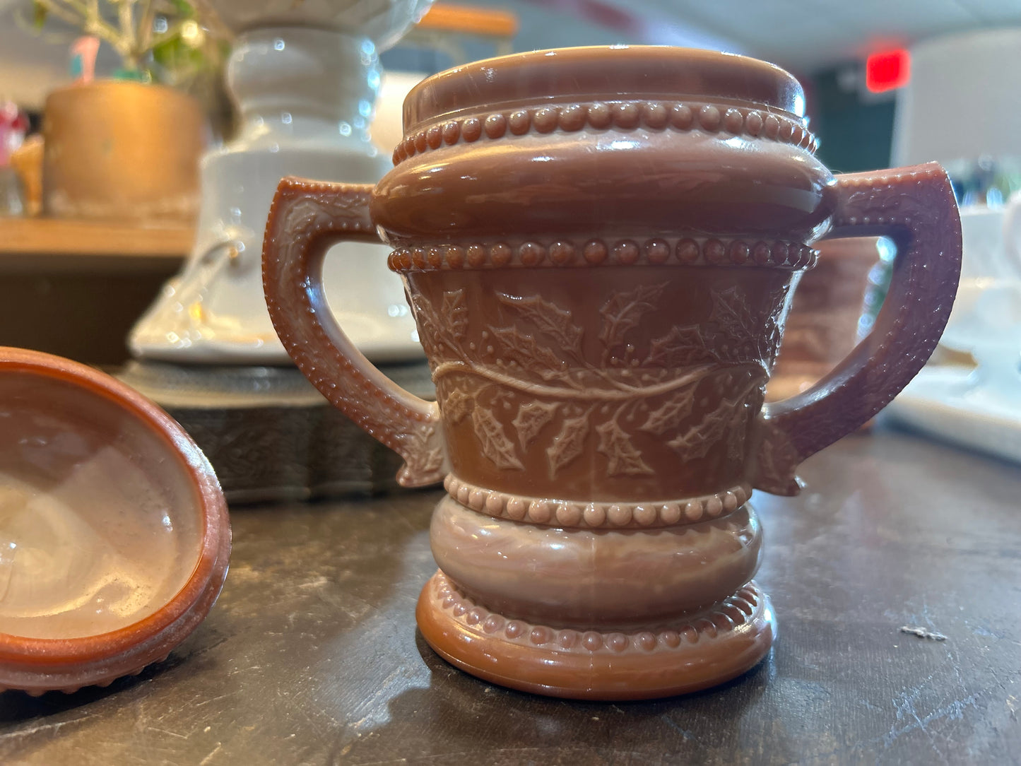 Summit Vintage Chocolate Caramel Slag Glass- Sugar Bowl With Lid- Holly Berry