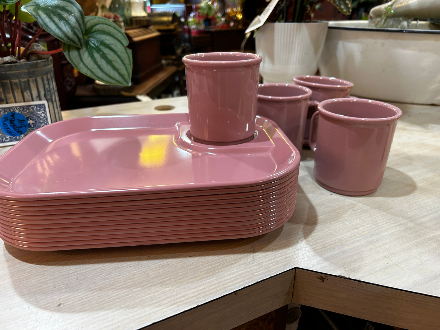 Vintage Set of Pink Melamine Cafeteria Trays and Mugs-12 Trays/4 Mugs