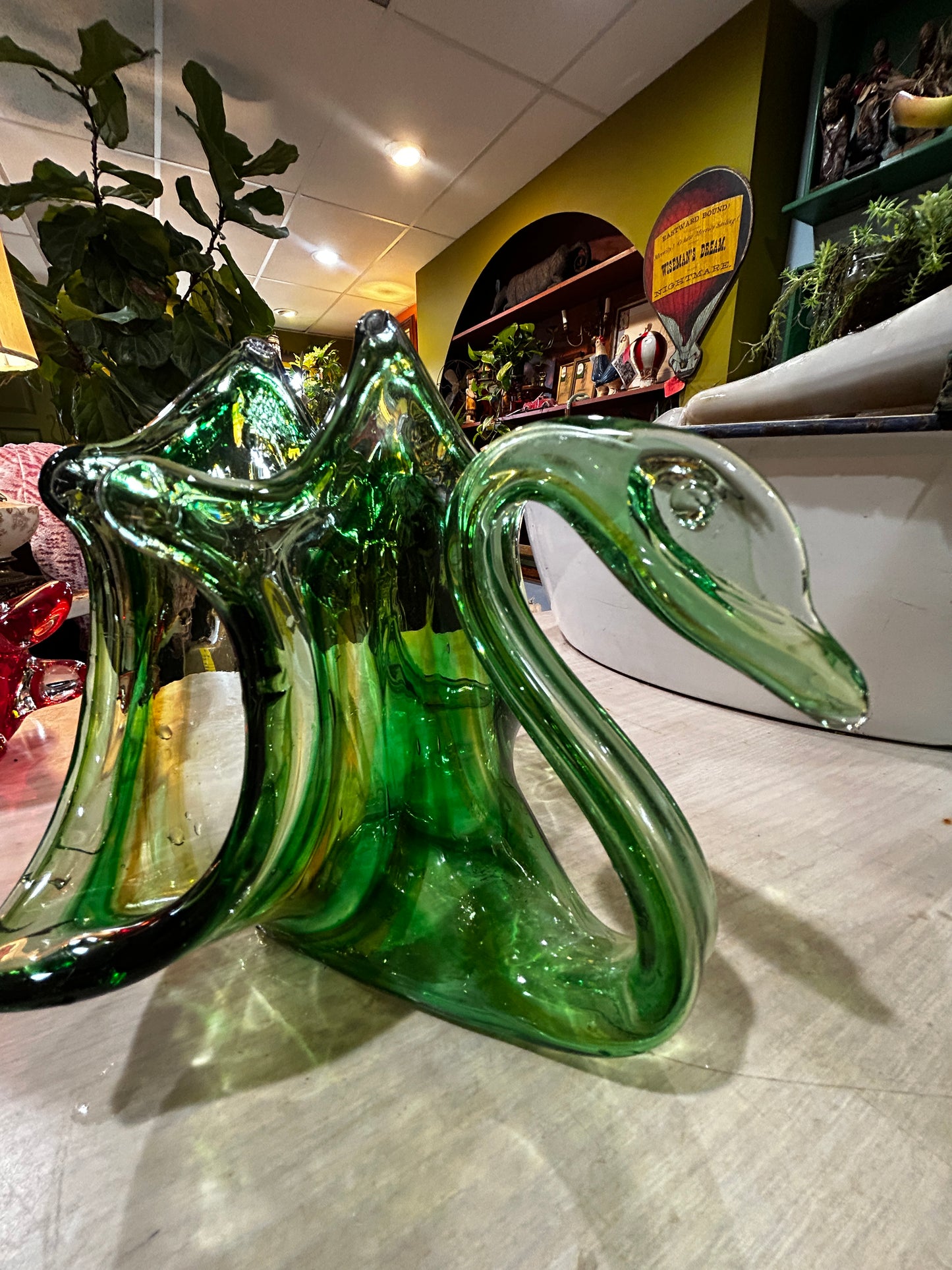 MCM Hand Blown Glass Swan-Green and Amber Swirl