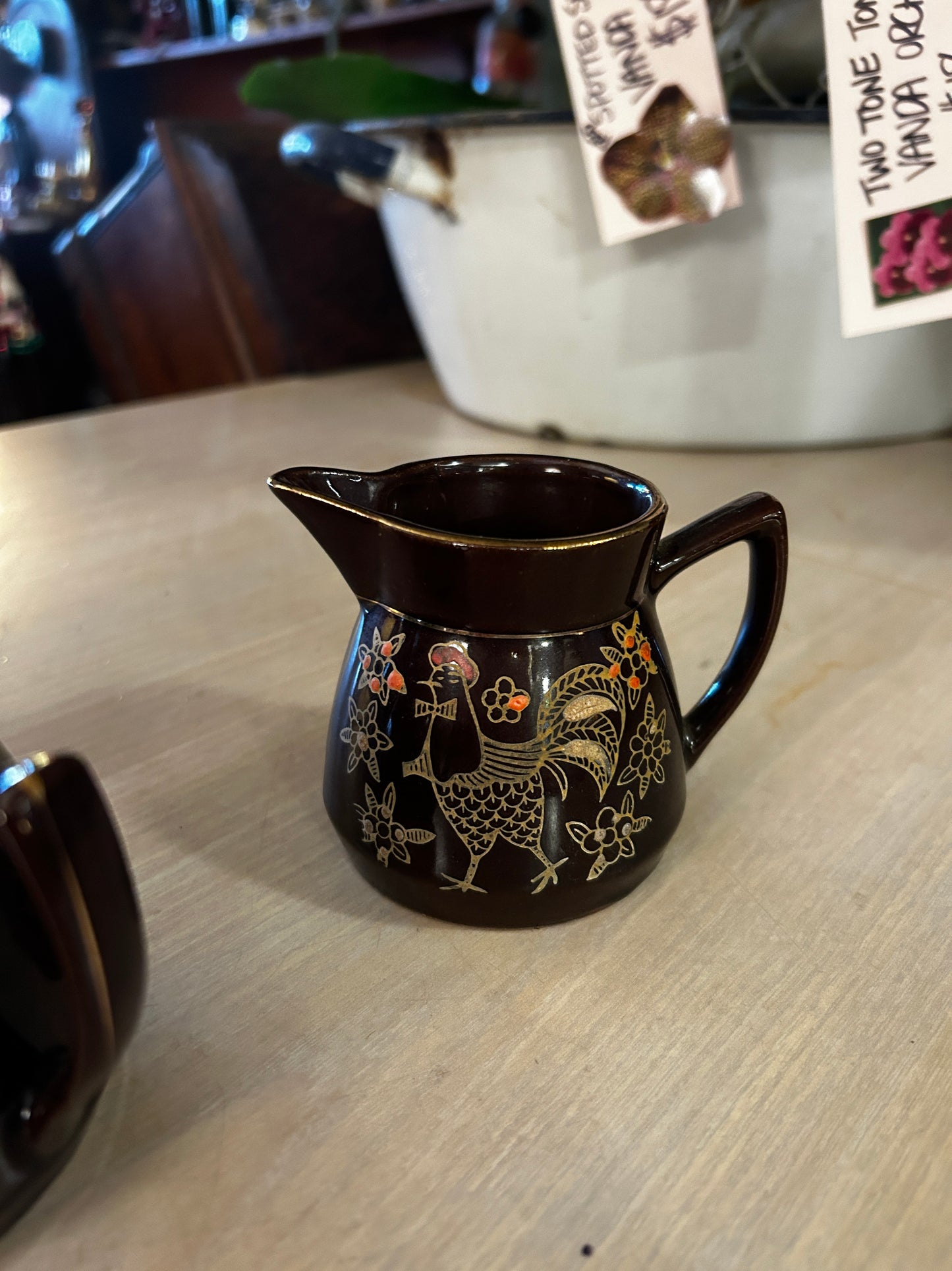 Vintage Moriage Redware Pitcher, Cramer, Sugar Bowl Set- Enameled Rooster-Japan