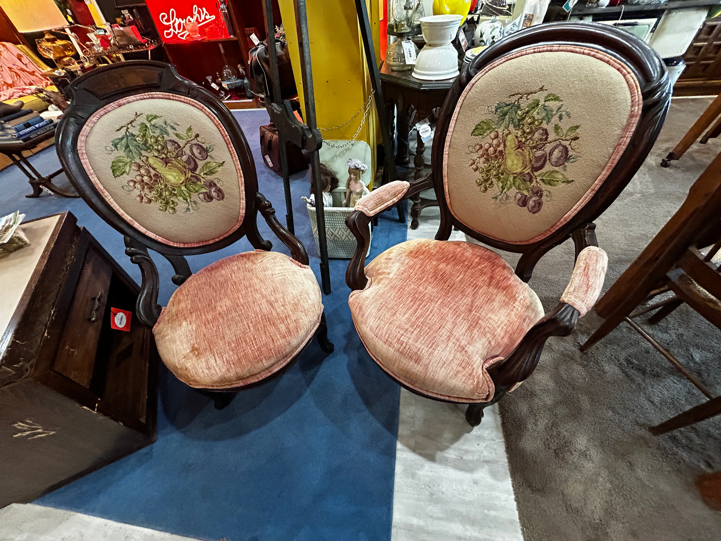 Set of 2 Pink Velvet Mahogany Needlepoint Parlour Chairs