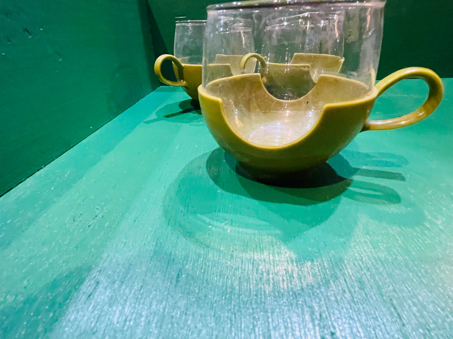 Vintage Pyrex Green Glass Coffee/Tea/Juice Cups with Plastic Handle Bottoms Set of 3