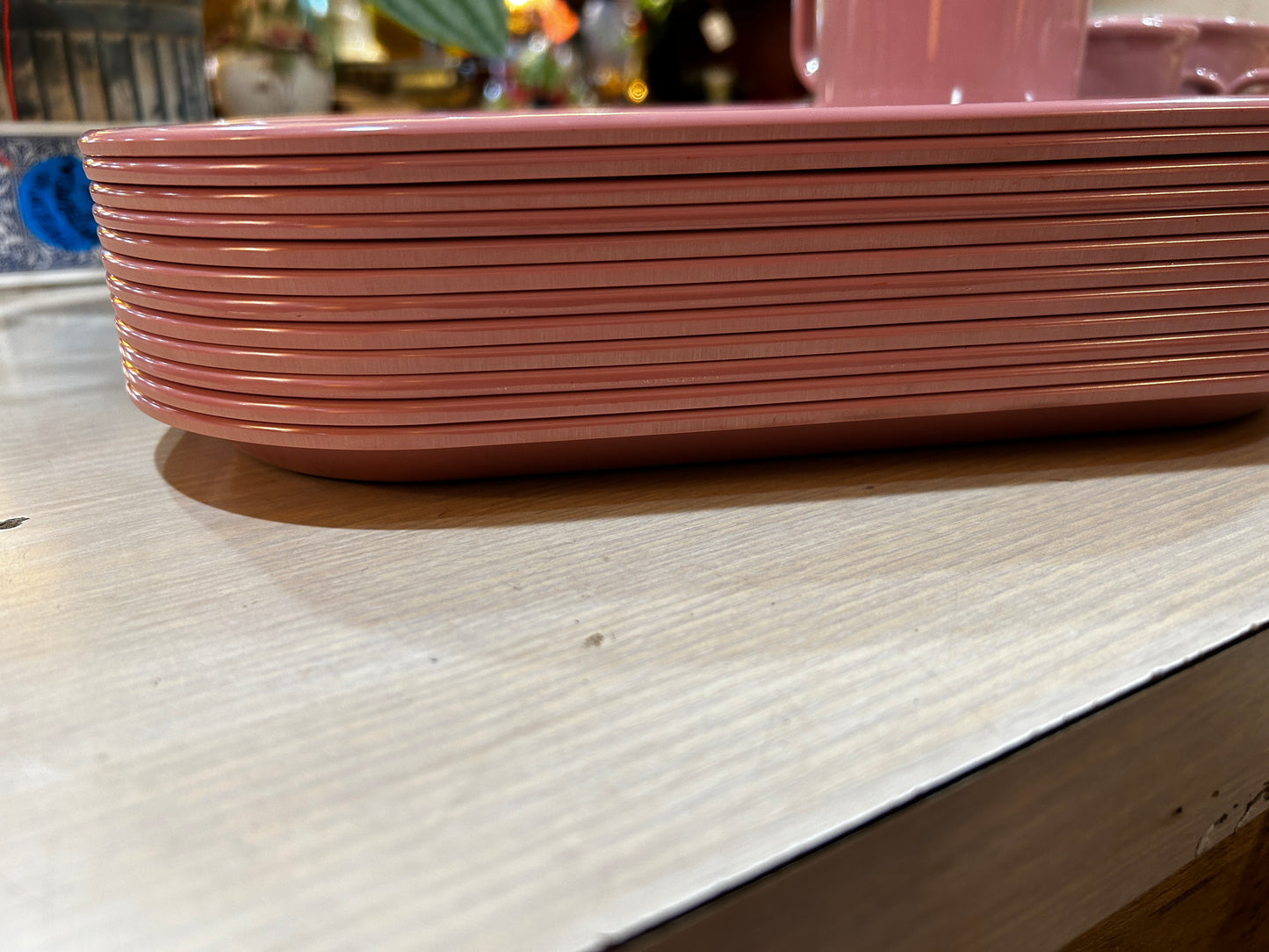Vintage Set of Pink Melamine Cafeteria Trays and Mugs-12 Trays/4 Mugs