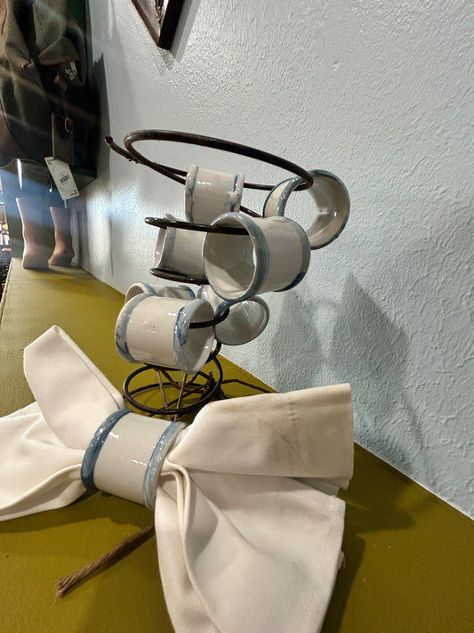 Set of 8 Vintage Napkin Napkin Rings- White and Blue