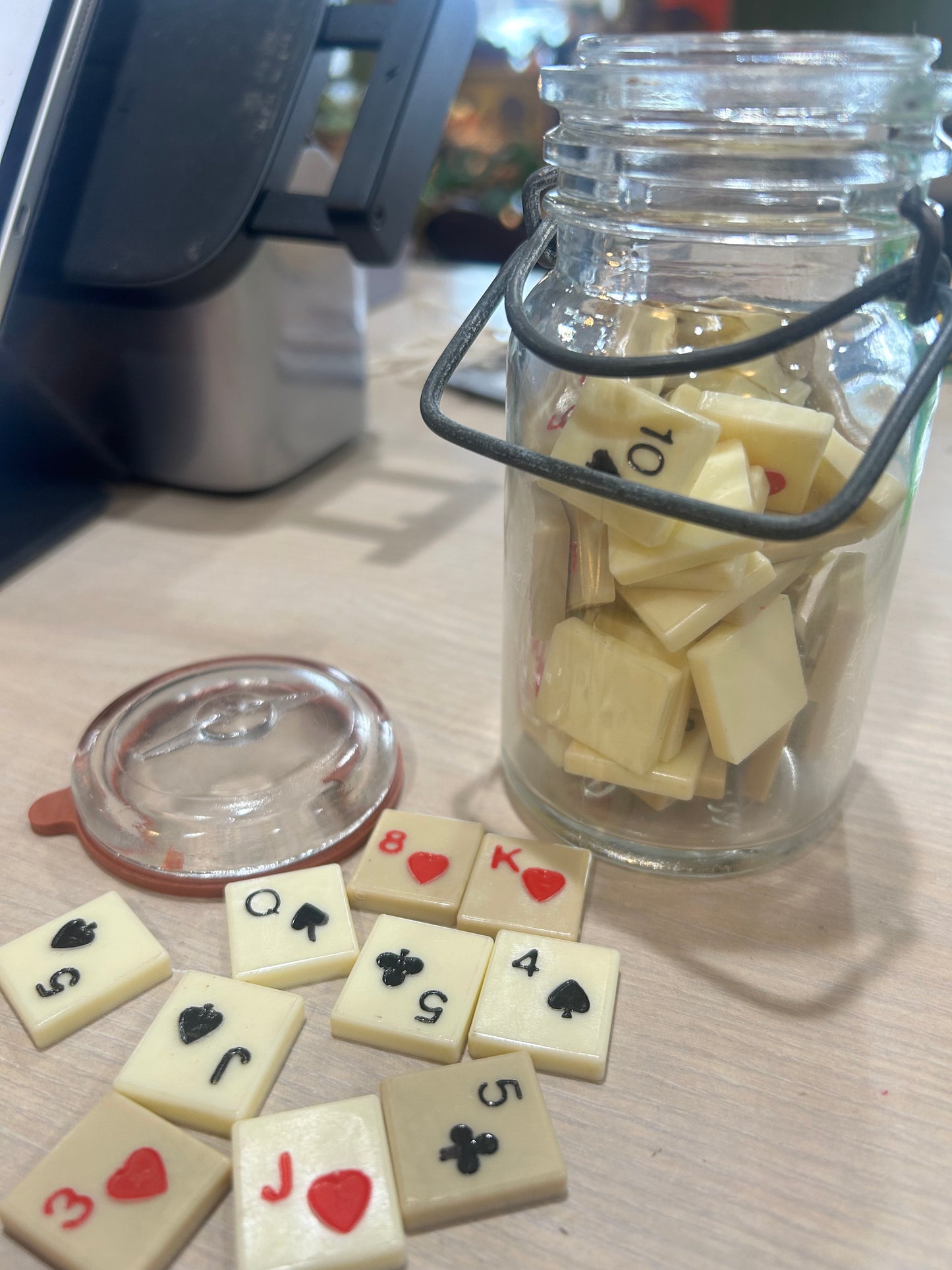 Random Ginnykub Game Pieces in Vintage Wheaton Jar