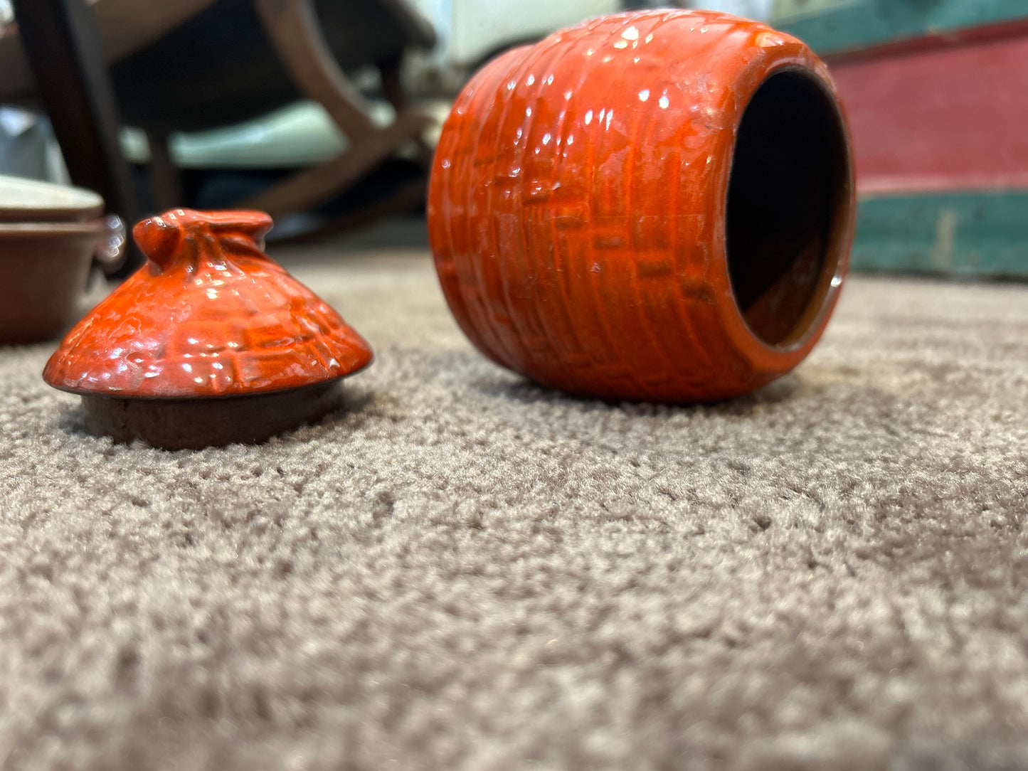 Frankoma Honey Pot with Bee Lid- Flame Orange- Missing Spoon