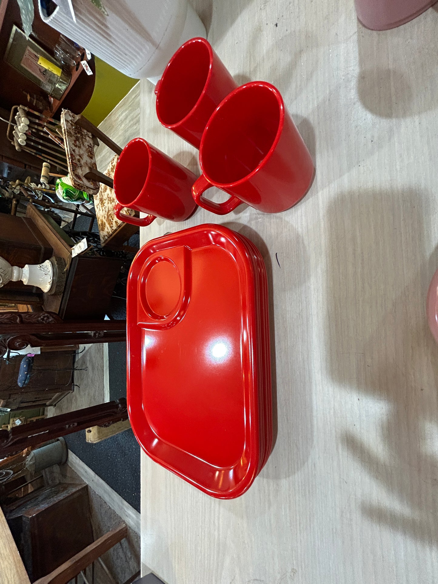 Vintage Set of Red Melamine Cafeteria Trays and Mugs- 8 Trays/3 Mugs