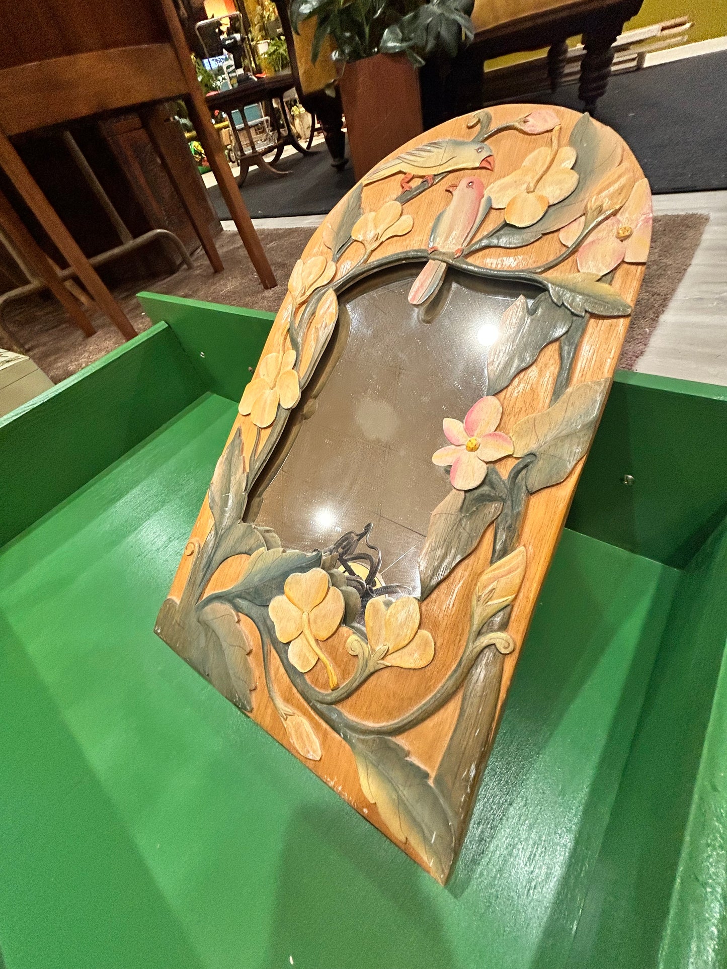Vintage Hand Carved Tropical Birds and Flowers Wooden Mirror