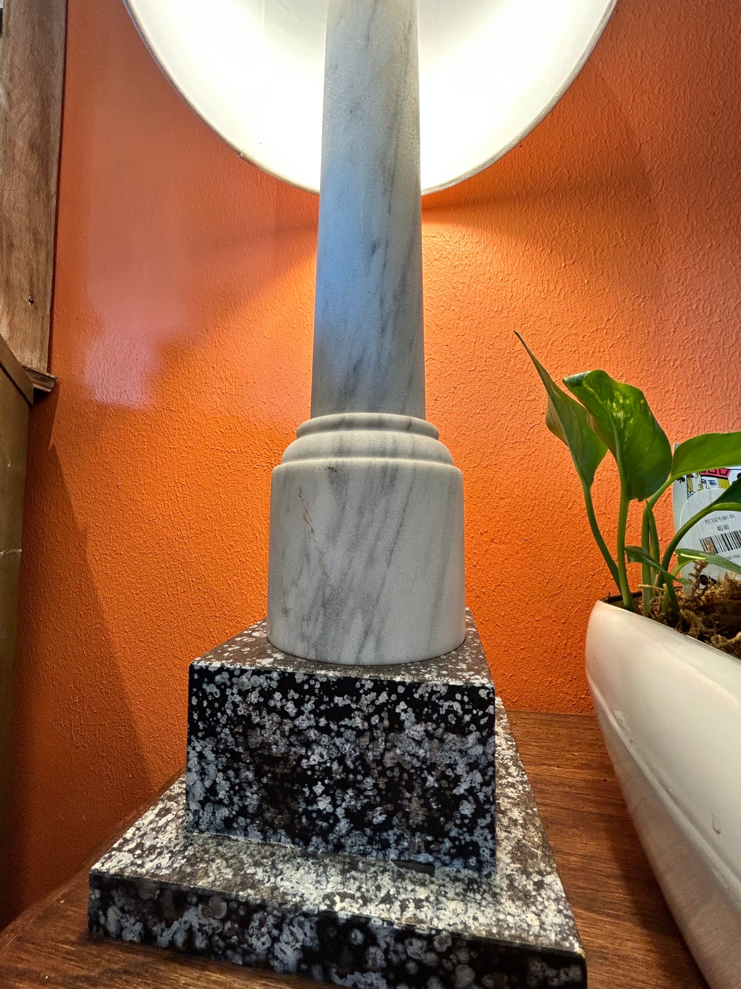 Vintage Solid Italian Carrara Marble Lamp with Wooden Base