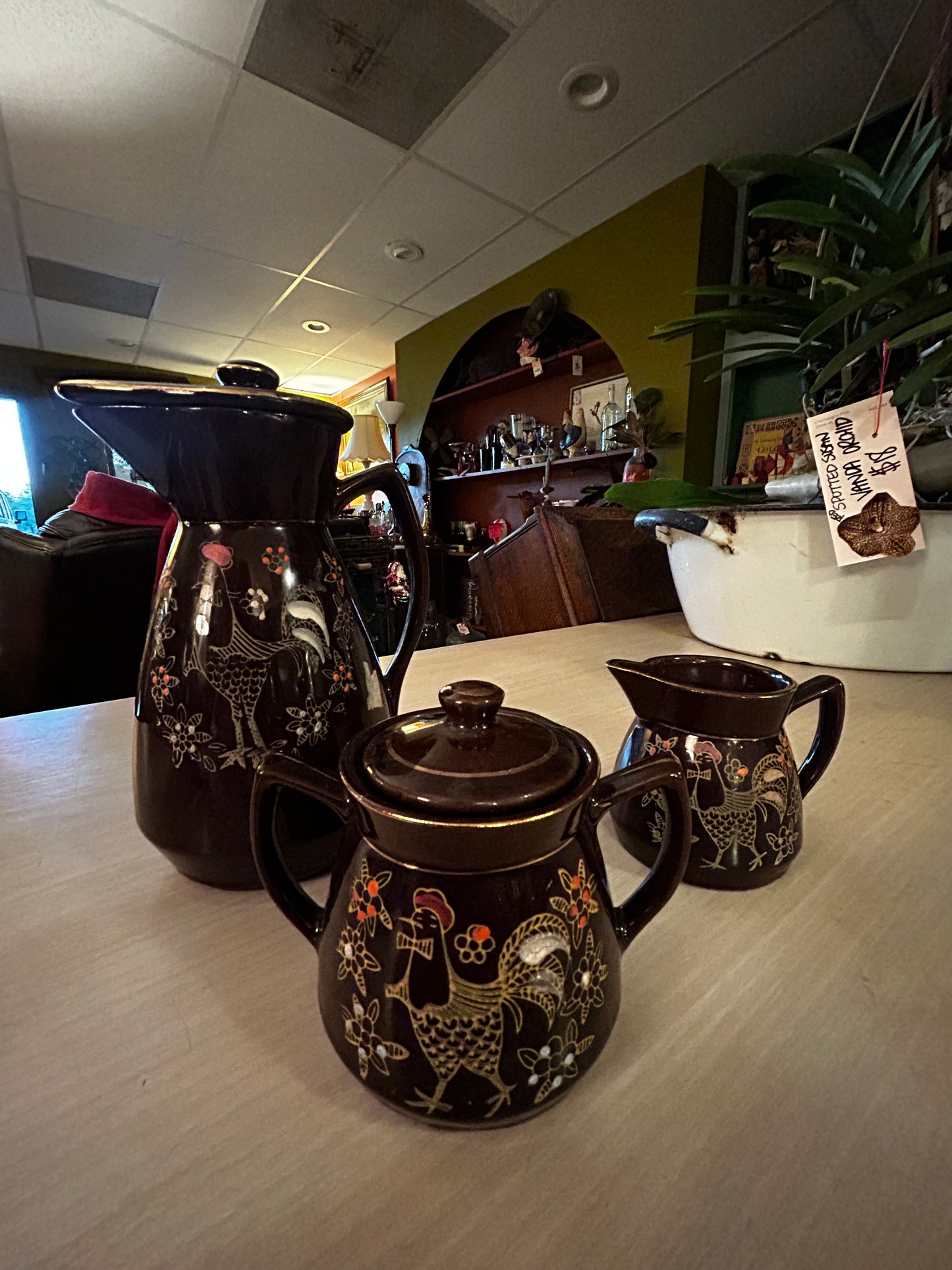 Vintage Moriage Redware Pitcher, Cramer, Sugar Bowl Set- Enameled Rooster-Japan