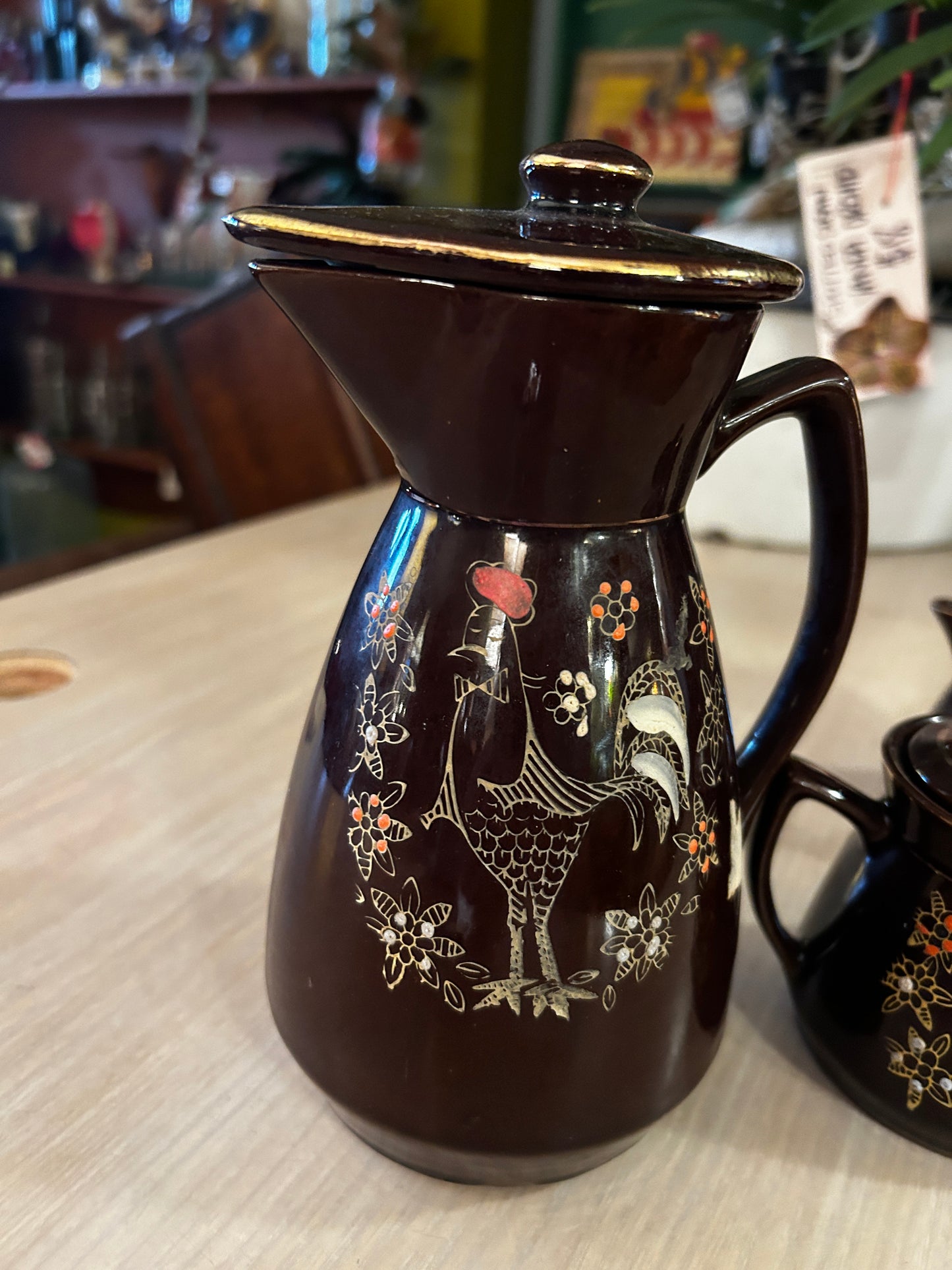 Vintage Moriage Redware Pitcher, Cramer, Sugar Bowl Set- Enameled Rooster-Japan